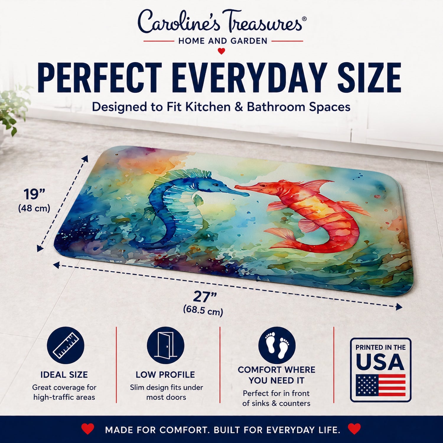 Seahorses Memory Foam Kitchen Mat Machine Washable Anti-Fatigue Cushion Comfort Bath or Kitchen Rug