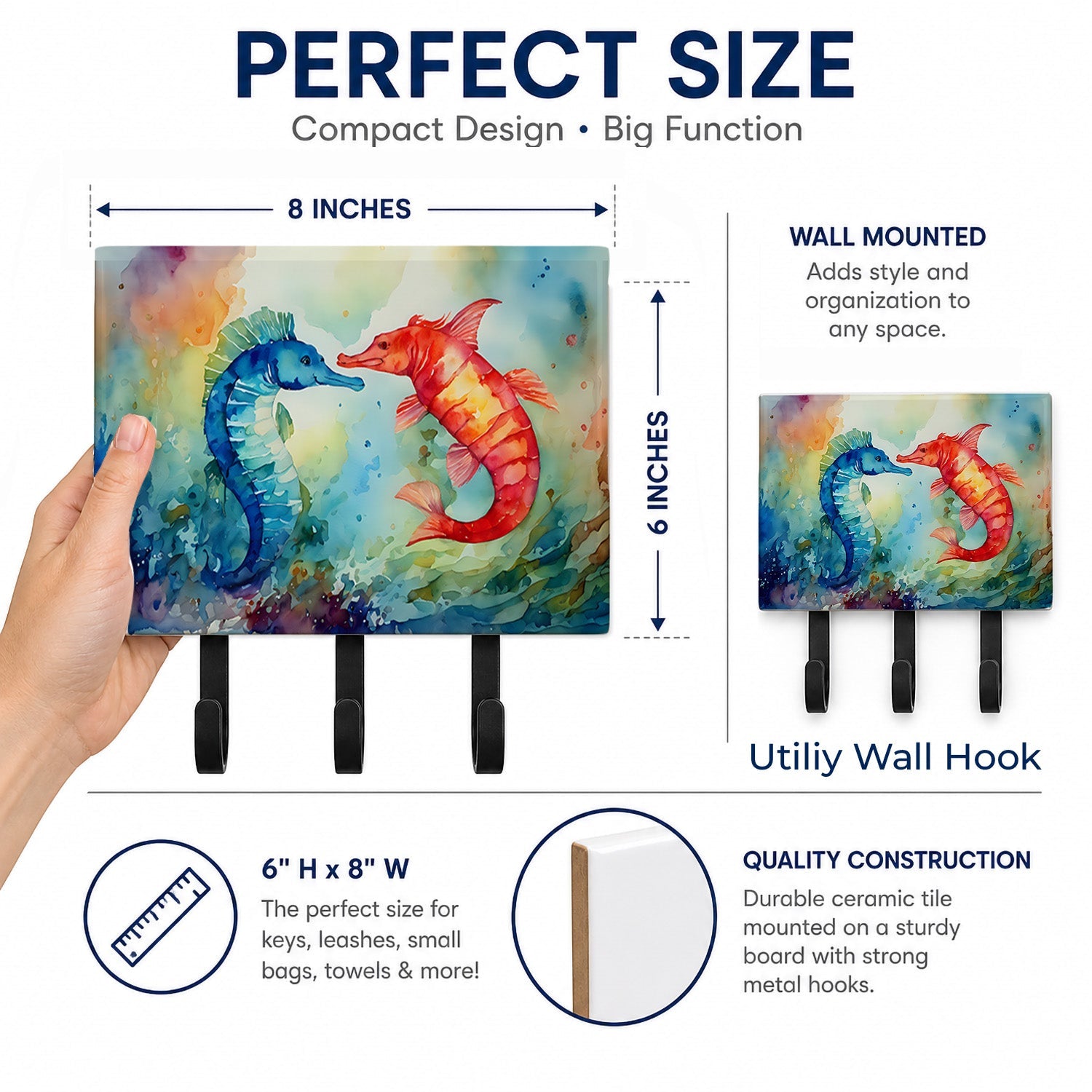 Seahorses Leash or Key Holder Wall Hooks, Coat Rack Wall Mount, for Hanging Keys, Towels, Aprons, Leashes