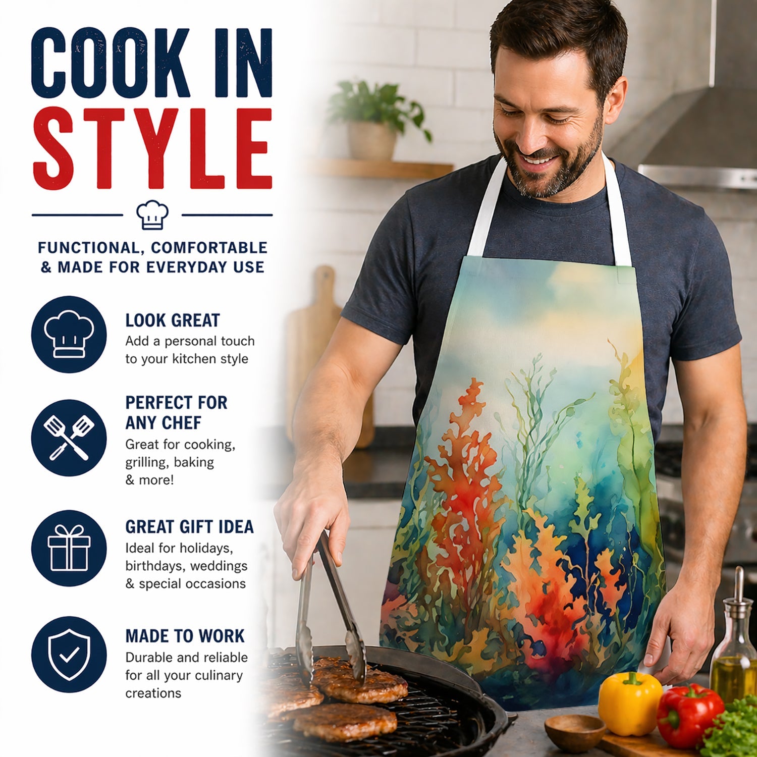 Seaweed Apron Cooking Kitchen Server Baking Crafts Gardening for Adult Women Men, Unisex, Large, Multicolor