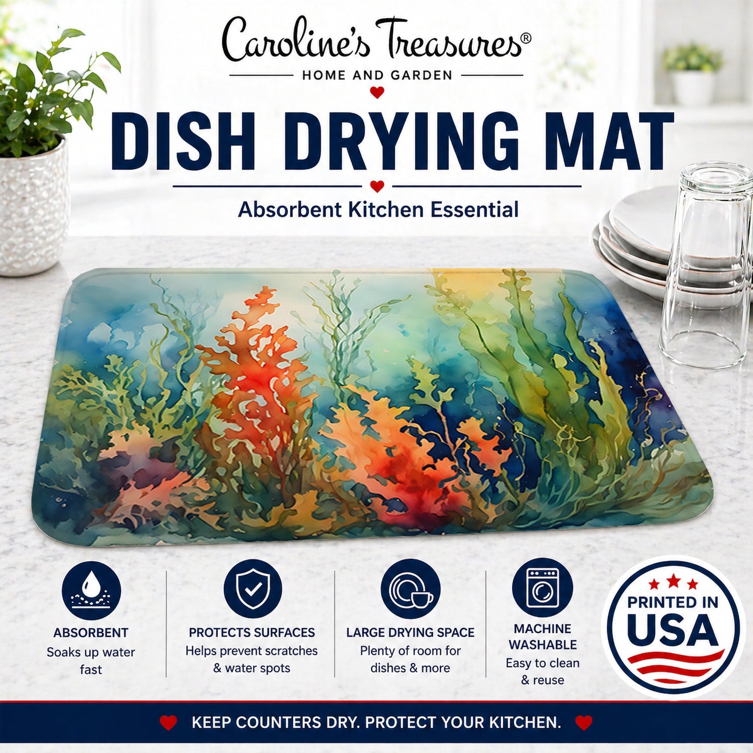 Seaweed Dish Drying Mat Absorbent Dish Drying Mat Pad for Kitchen Counter Dish Drainer Mat for Countertop, 14 x 21", Multicolor