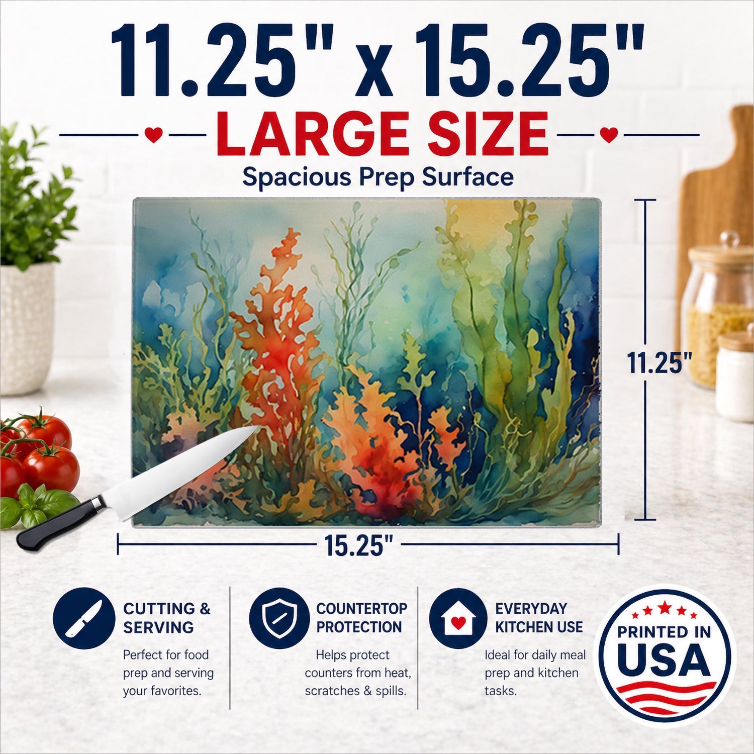 Seaweed Cutting Board Tempered Glass Kitchen Cutting Surface, Heat Resistant Chopping, Non-Slip Feet, Food Prep & Serving