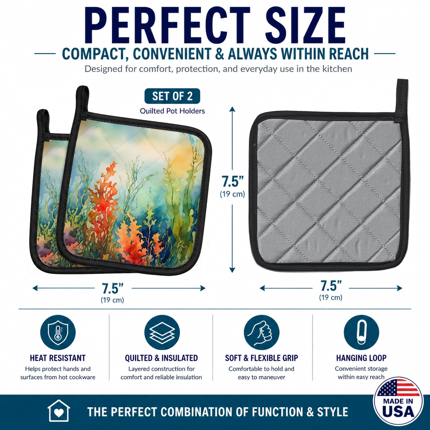 Seaweed Pot Holder Set of 2 Heat Resistant Quilted Hot Pads 7.5 x 7.5 Inch, Insulated Kitchen Trivets for Cooking & Baking