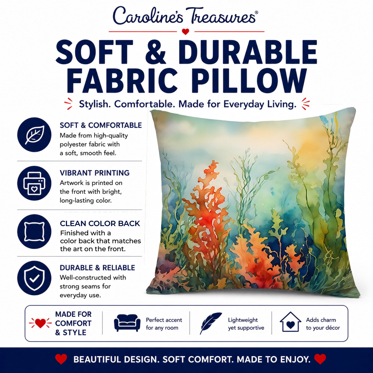 Seaweed Decorative Throw Pillow 14x14 Indoor Outdoor Accent Cushion, Fabric Cover with Insert for Sofa, Bed, Porch & Living Room