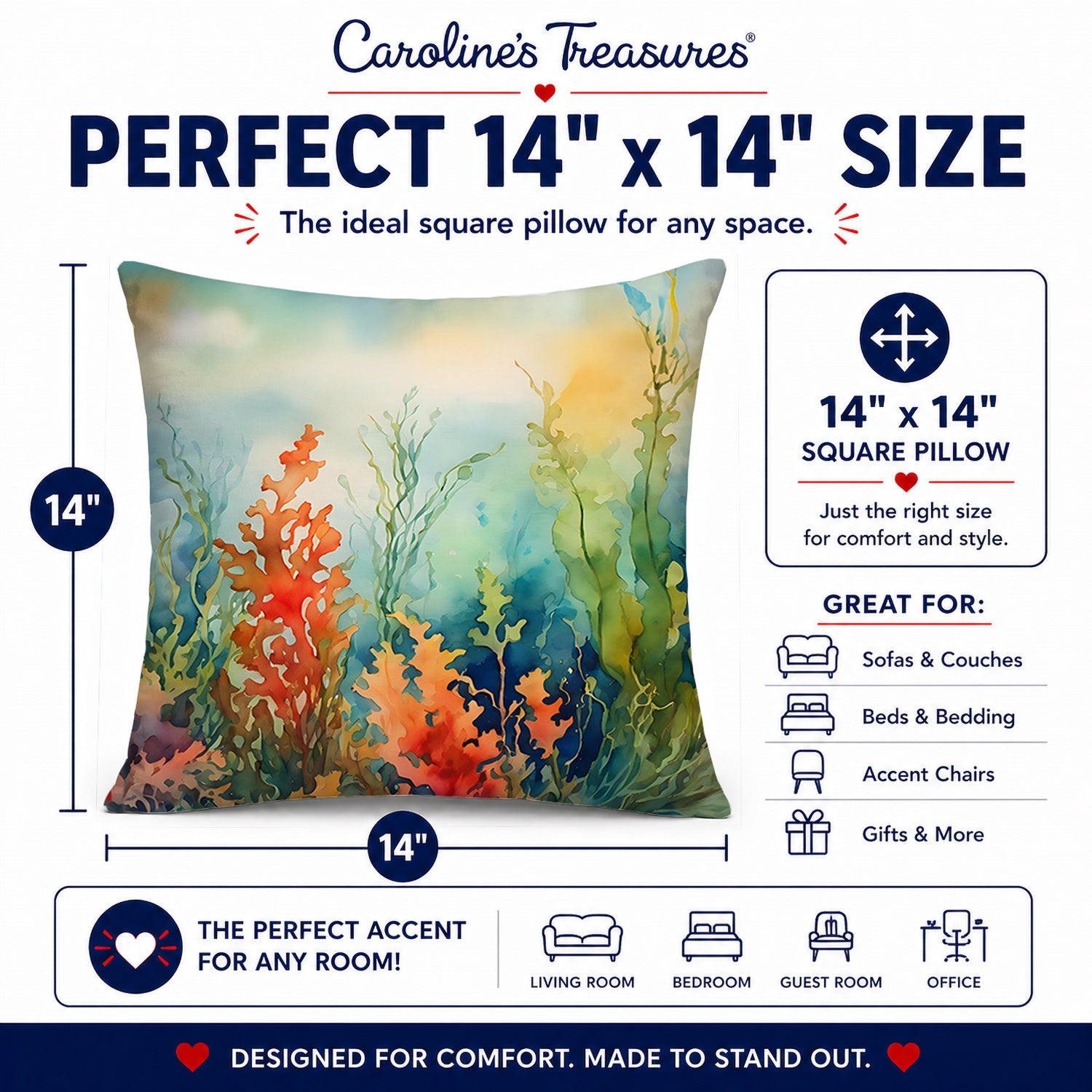 Seaweed Decorative Throw Pillow 14x14 Indoor Outdoor Accent Cushion, Fabric Cover with Insert for Sofa, Bed, Porch & Living Room