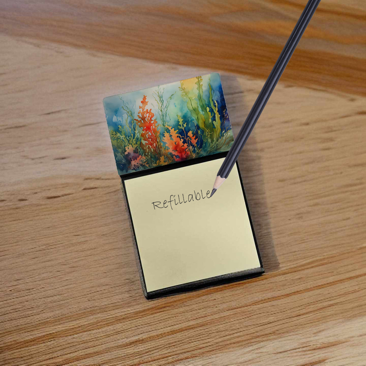 Seaweed Watercolor Sticky Note Holder Refillable Dispenser Desk Accessory 3x3 Pad Gift