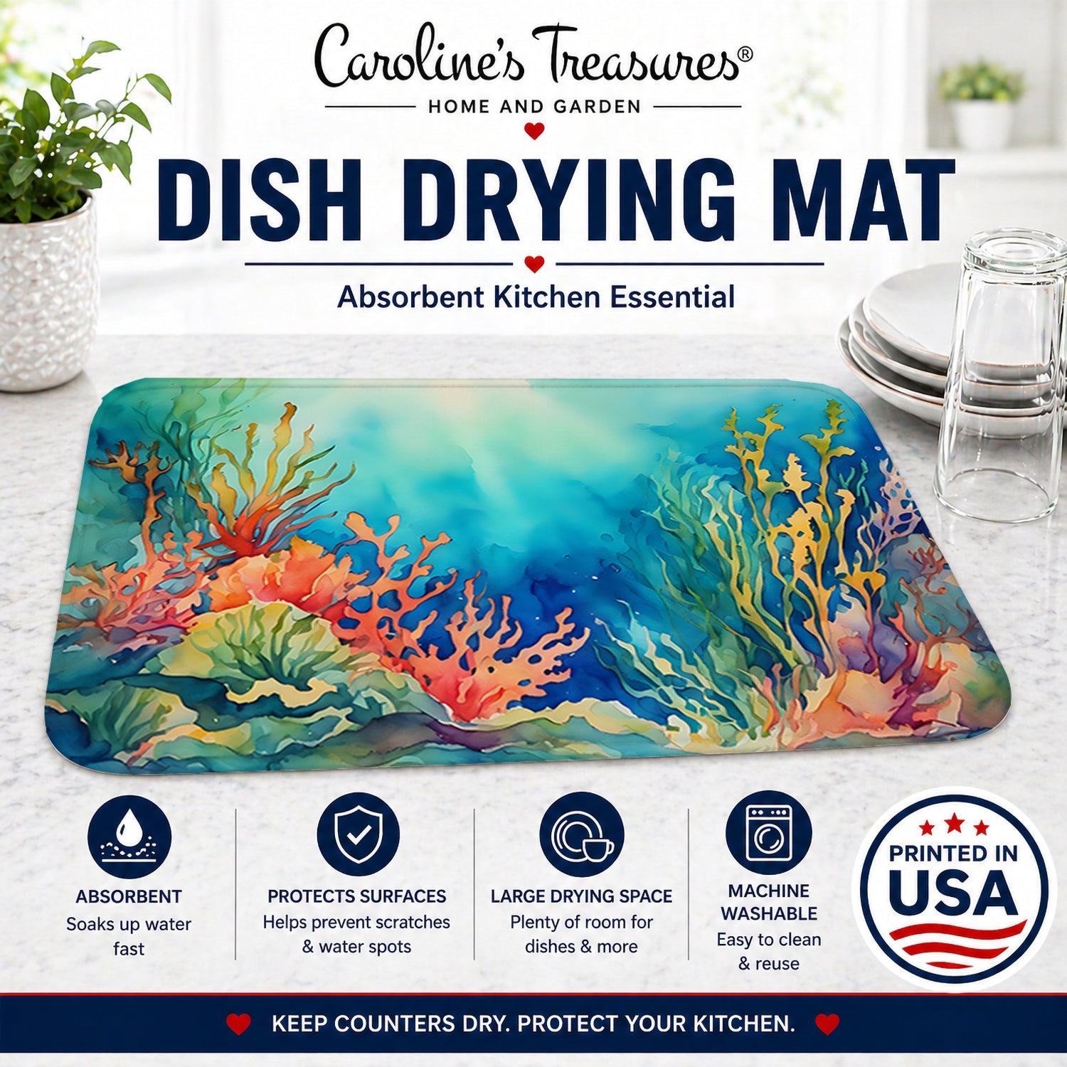 Seaweed Dish Drying Mat Absorbent Dish Drying Mat Pad for Kitchen Counter Dish Drainer Mat for Countertop, 14 x 21", Multicolor