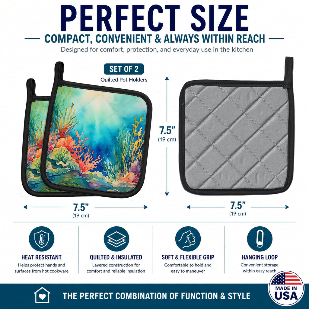 Seaweed Pot Holder Set of 2 Heat Resistant Quilted Hot Pads 7.5 x 7.5 Inch, Insulated Kitchen Trivets for Cooking & Baking