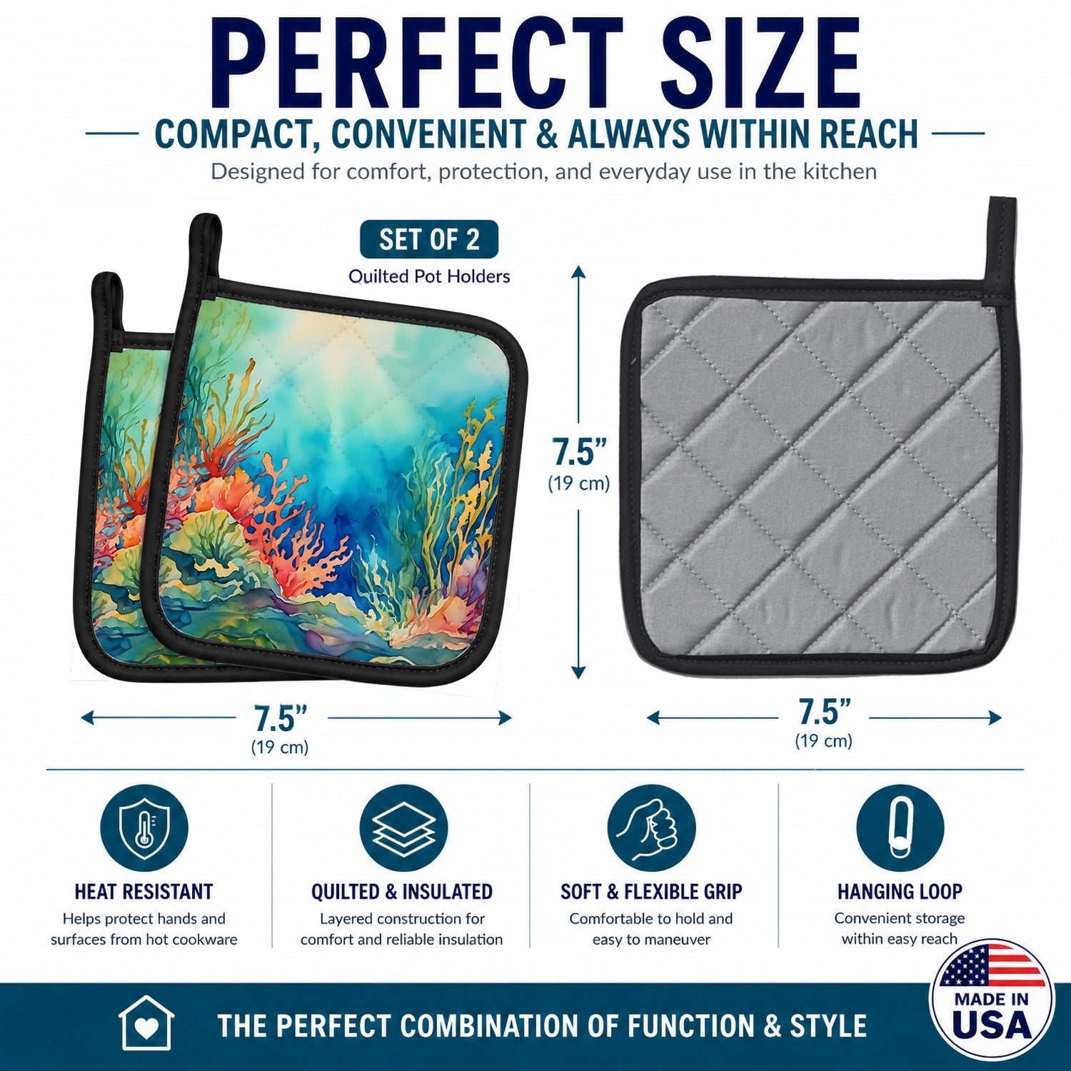 Seaweed Pot Holder Set of 2 Heat Resistant Quilted Hot Pads 7.5 x 7.5 Inch, Insulated Kitchen Trivets for Cooking & Baking