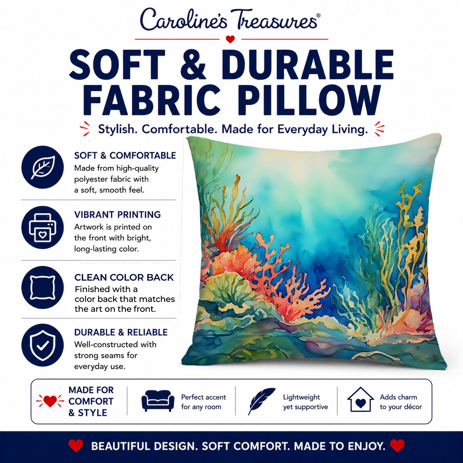 Seaweed Decorative Throw Pillow 14x14 Indoor Outdoor Accent Cushion, Fabric Cover with Insert for Sofa, Bed, Porch & Living Room