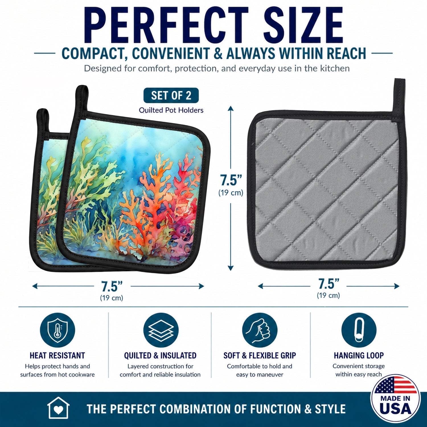 Seaweed Pot Holder Set of 2 Heat Resistant Quilted Hot Pads 7.5 x 7.5 Inch, Insulated Kitchen Trivets for Cooking & Baking