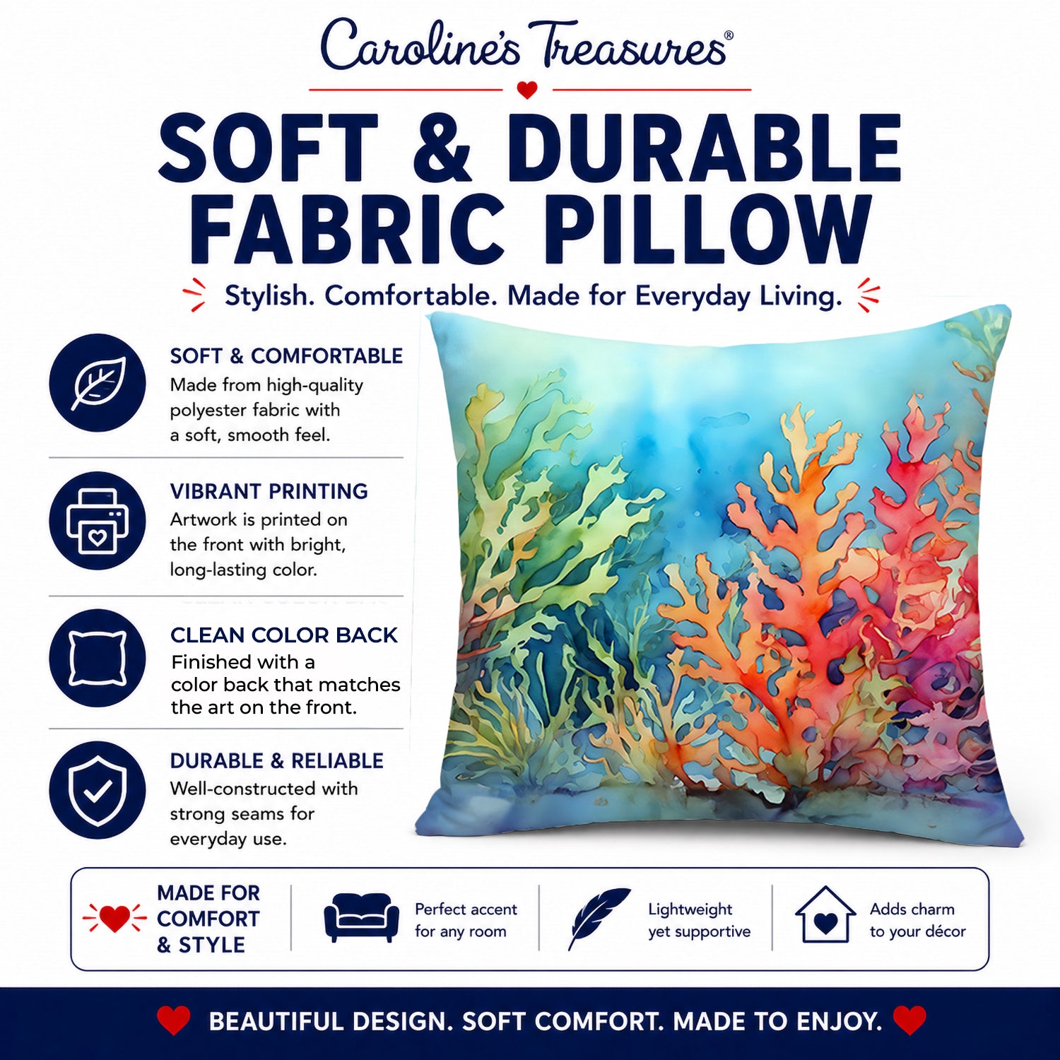Seaweed Decorative Throw Pillow 14x14 Indoor Outdoor Accent Cushion, Fabric Cover with Insert for Sofa, Bed, Porch & Living Room