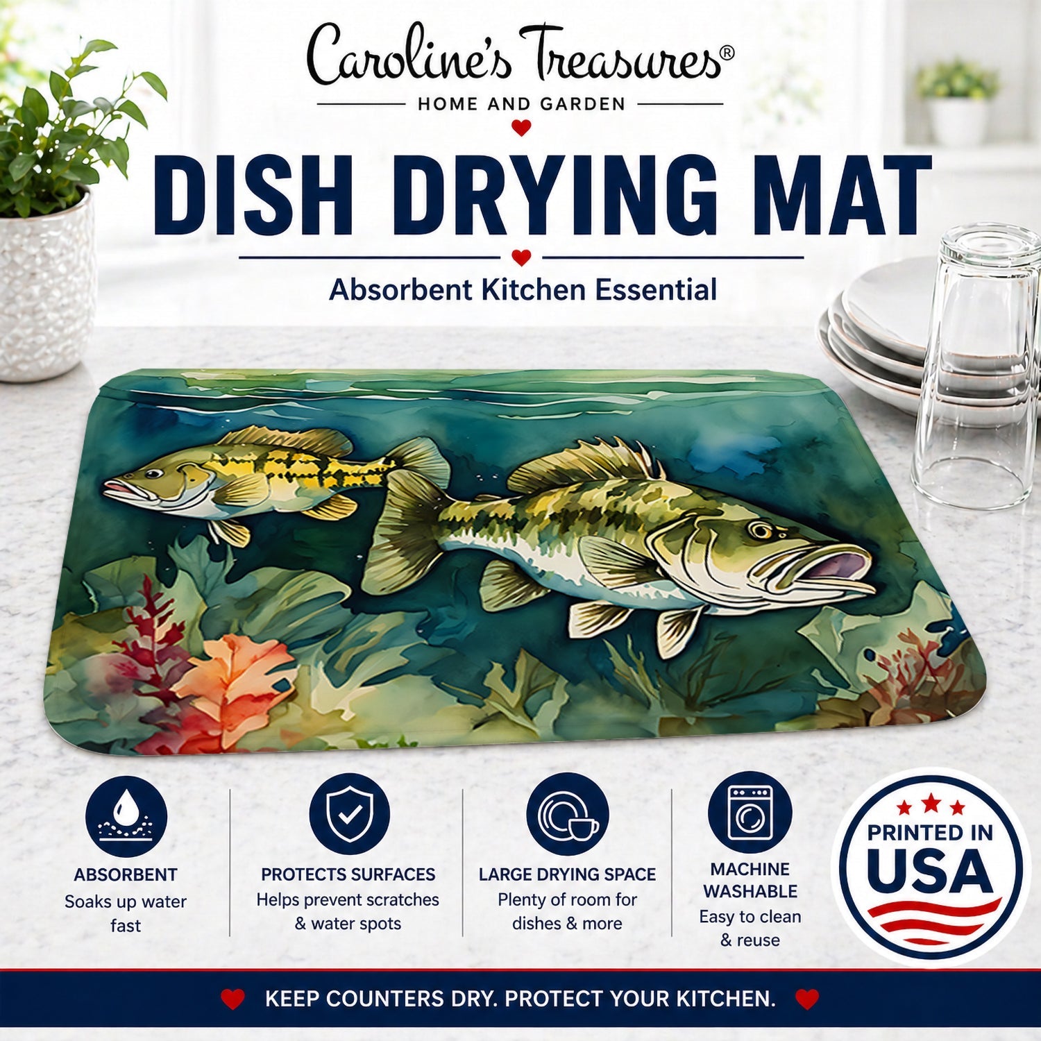Smallmouth Bass Dish Drying Mat Absorbent Dish Drying Mat Pad for Kitchen Counter Dish Drainer Mat for Countertop, 14 x 21", Multicolor
