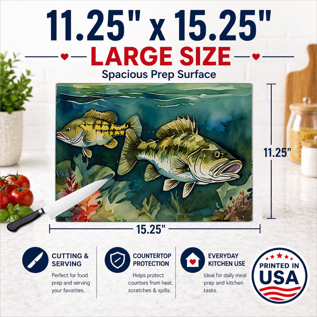 Smallmouth Bass Cutting Board Tempered Glass Kitchen Cutting Surface, Heat Resistant Chopping, Non-Slip Feet, Food Prep & Serving