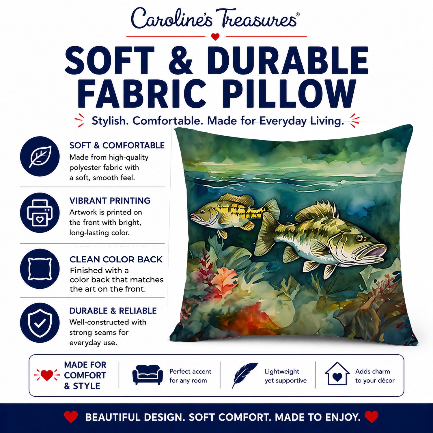Smallmouth Bass Decorative Throw Pillow 14x14 Indoor Outdoor Accent Cushion, Fabric Cover with Insert for Sofa, Bed, Porch & Living Room
