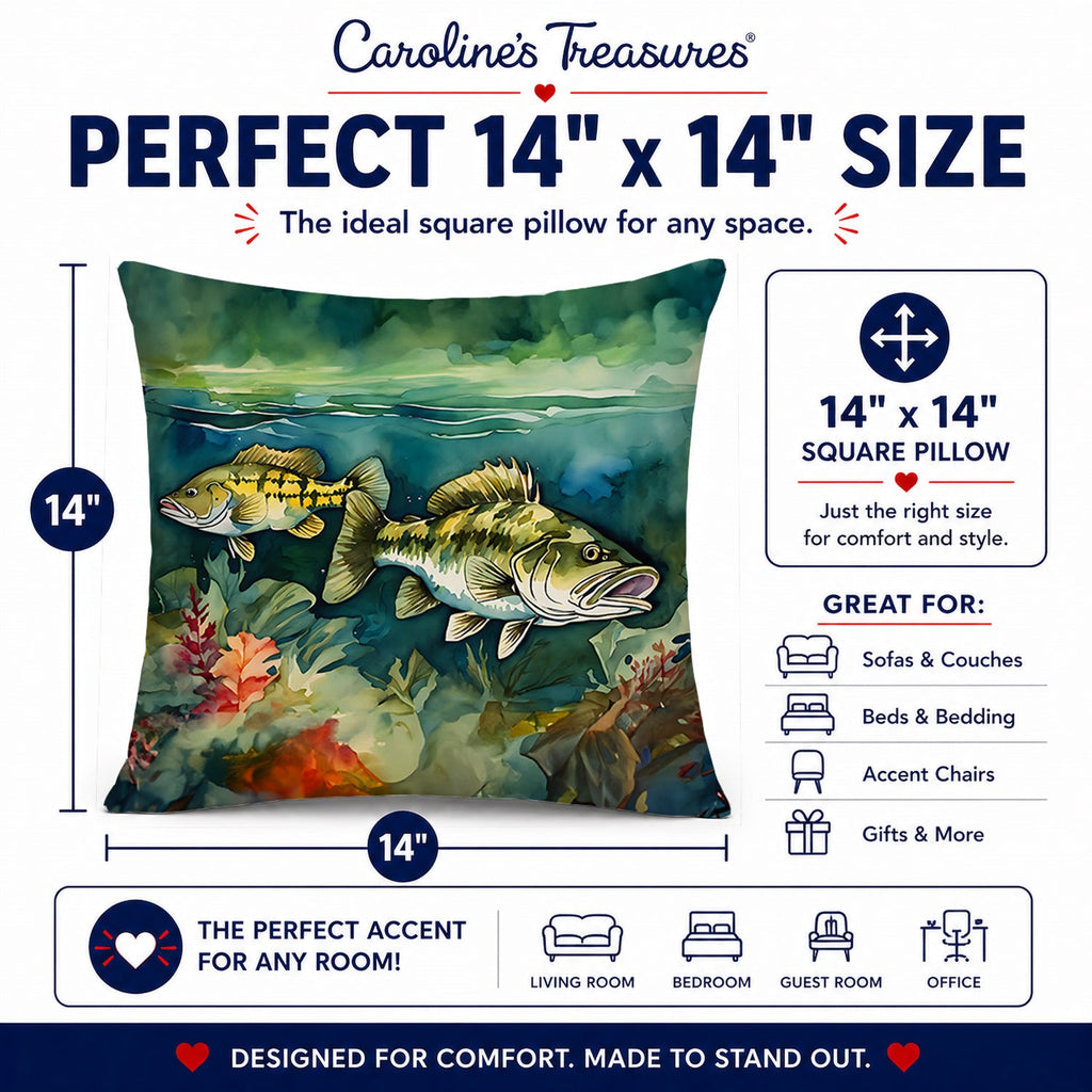 Smallmouth Bass Decorative Throw Pillow 14x14 Indoor Outdoor Accent Cushion, Fabric Cover with Insert for Sofa, Bed, Porch & Living Room