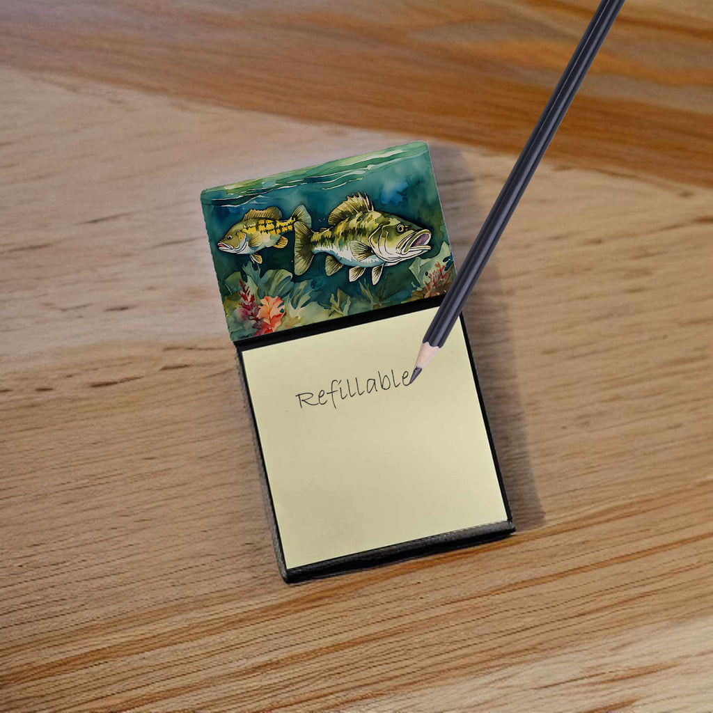Smallmouth Bass Watercolor Sticky Note Holder Refillable Dispenser Desk Accessory 3x3 Pad Gift