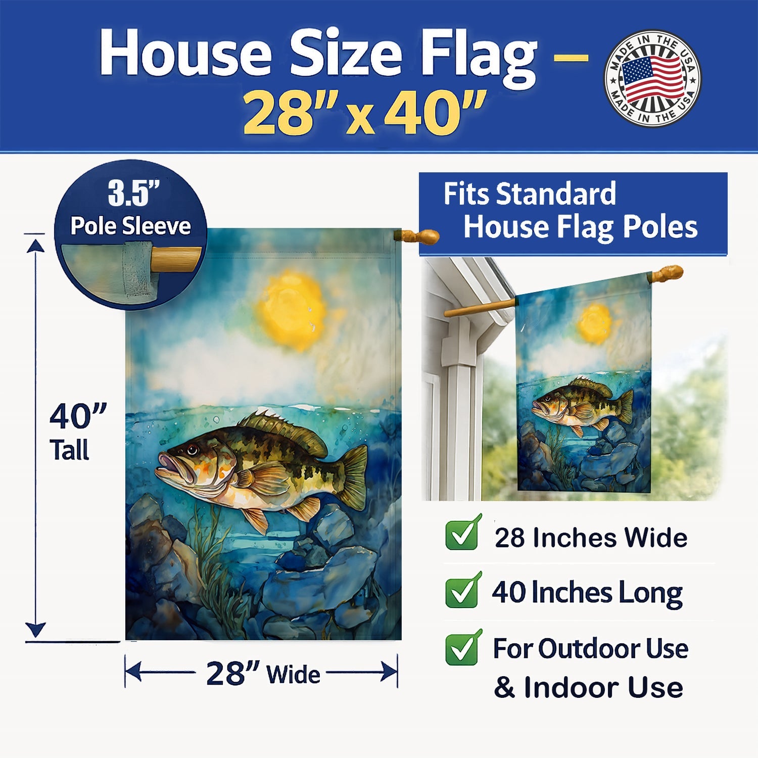 Smallmouth Bass House Flag 28x40 Porch Sleeve Pole Decorative Outside Yard Banner Artwork Wall Hanging, Polyester
