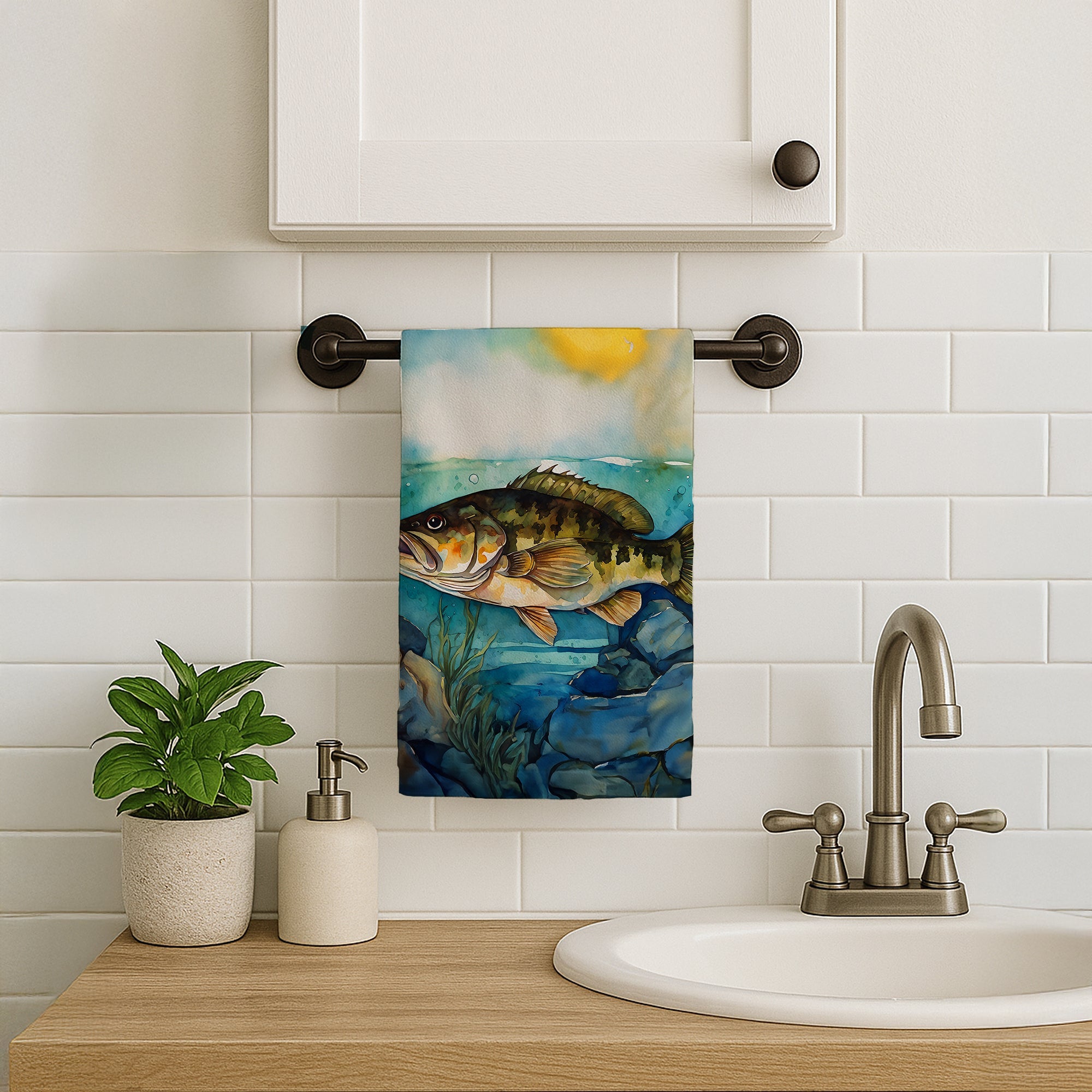 Smallmouth Bass Kitchen Towel Velour Plush Front and Cotton Loop Back Machine Washable