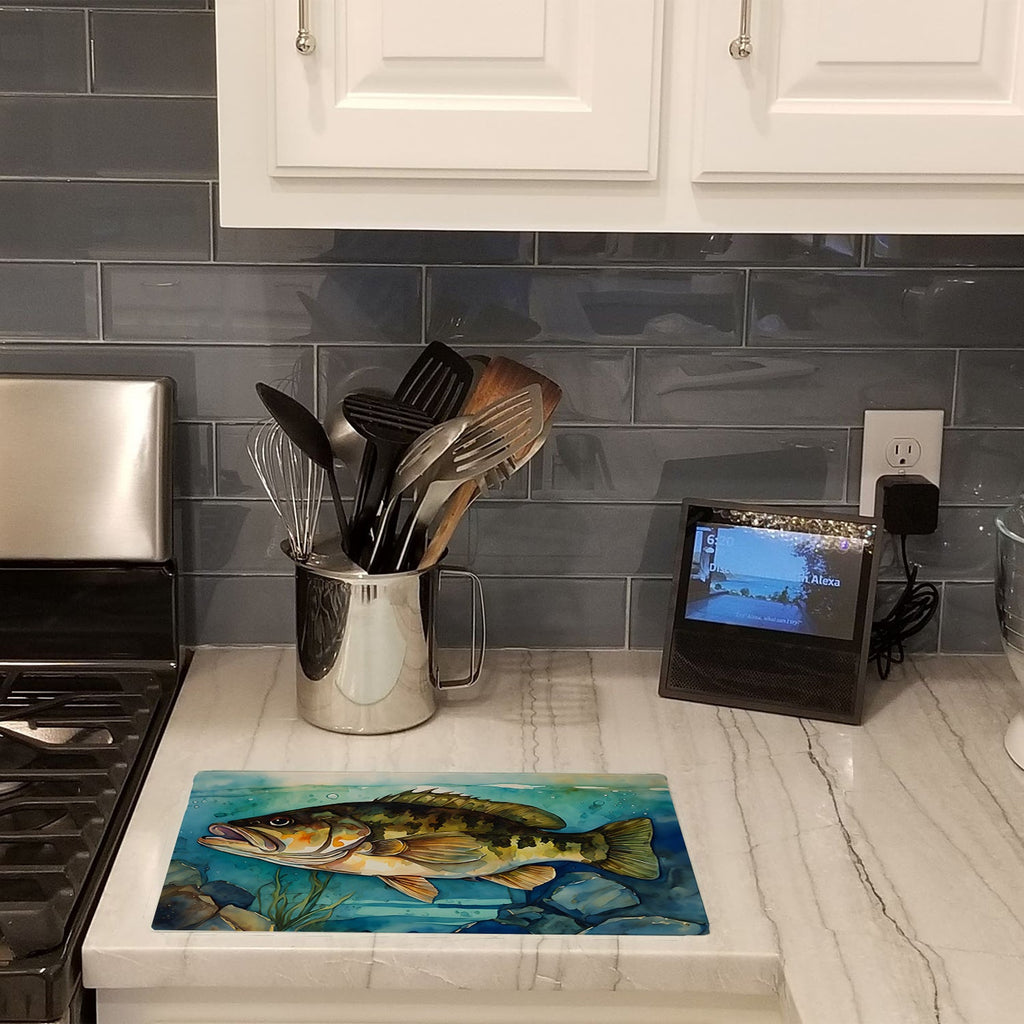 Smallmouth Bass Cutting Board Tempered Glass Kitchen Cutting Surface, Heat Resistant Chopping, Non-Slip Feet, Food Prep & Serving