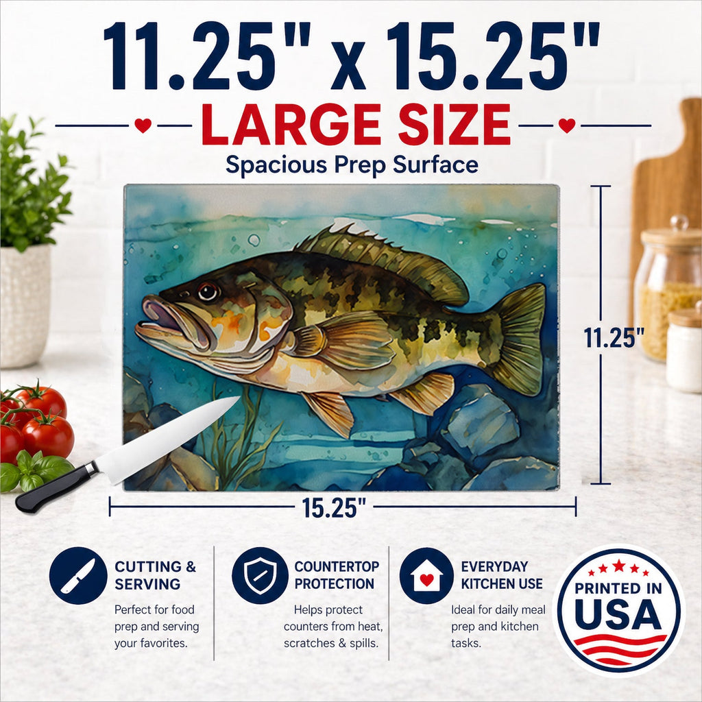 Smallmouth Bass Cutting Board Tempered Glass Kitchen Cutting Surface, Heat Resistant Chopping, Non-Slip Feet, Food Prep & Serving