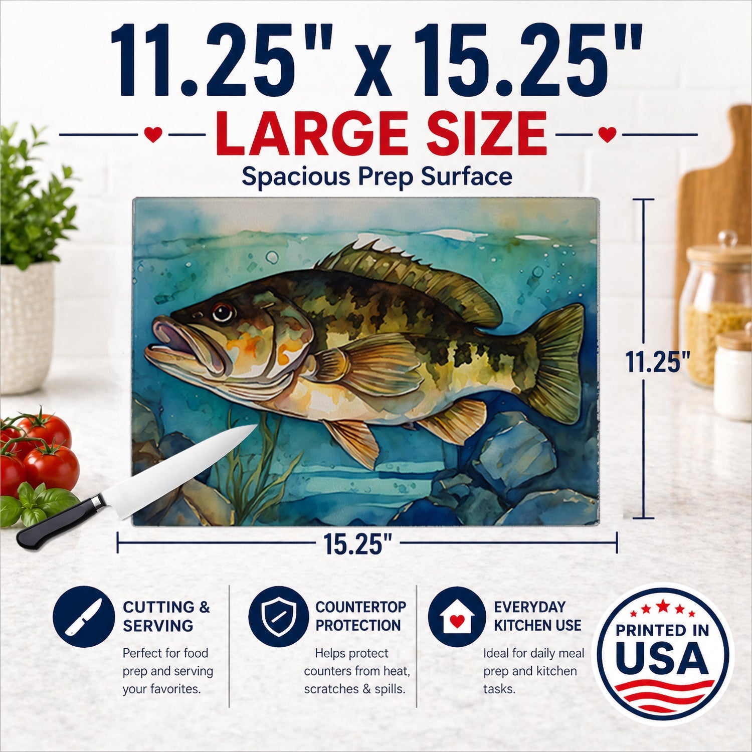 Smallmouth Bass Cutting Board Tempered Glass Kitchen Cutting Surface, Heat Resistant Chopping, Non-Slip Feet, Food Prep & Serving