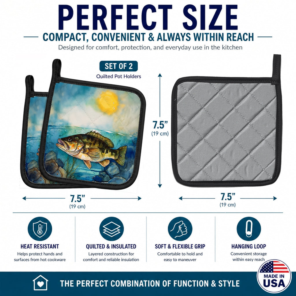 Smallmouth Bass Pot Holder Set of 2 Heat Resistant Quilted Hot Pads 7.5 x 7.5 Inch, Insulated Kitchen Trivets for Cooking & Baking