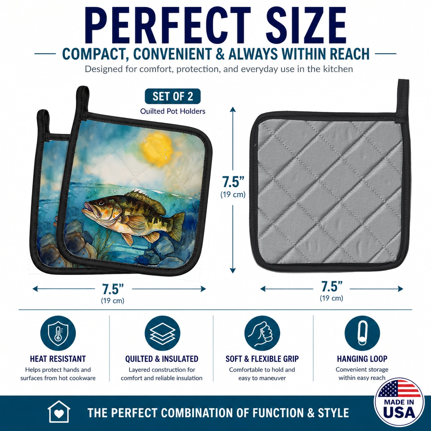 Smallmouth Bass Pot Holder Set of 2 Heat Resistant Quilted Hot Pads 7.5 x 7.5 Inch, Insulated Kitchen Trivets for Cooking & Baking