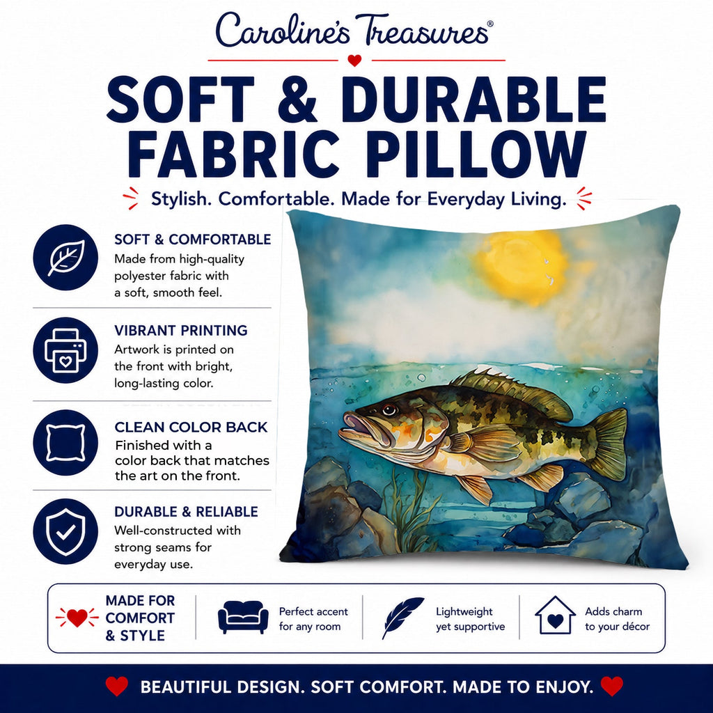 Smallmouth Bass Decorative Throw Pillow 14x14 Indoor Outdoor Accent Cushion, Fabric Cover with Insert for Sofa, Bed, Porch & Living Room