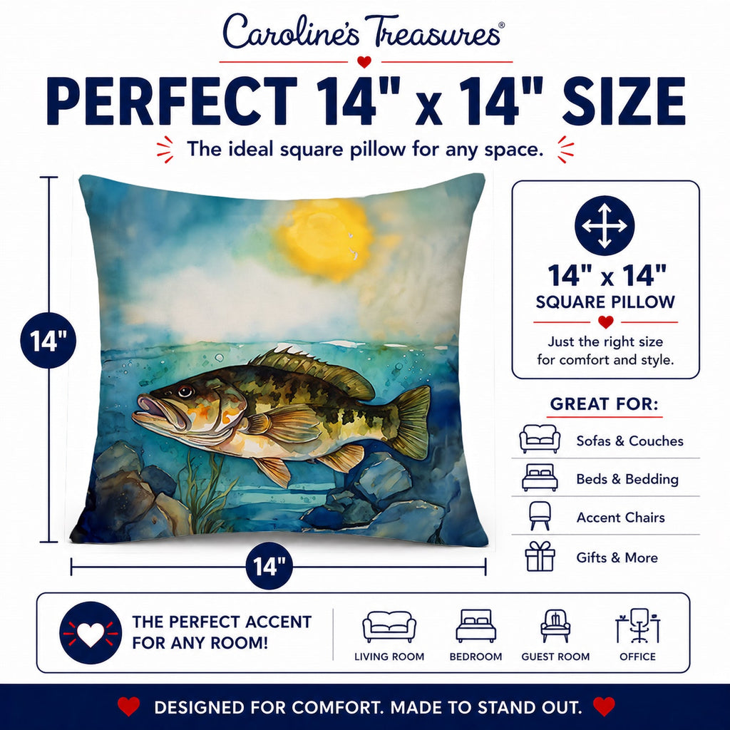 Smallmouth Bass Decorative Throw Pillow 14x14 Indoor Outdoor Accent Cushion, Fabric Cover with Insert for Sofa, Bed, Porch & Living Room