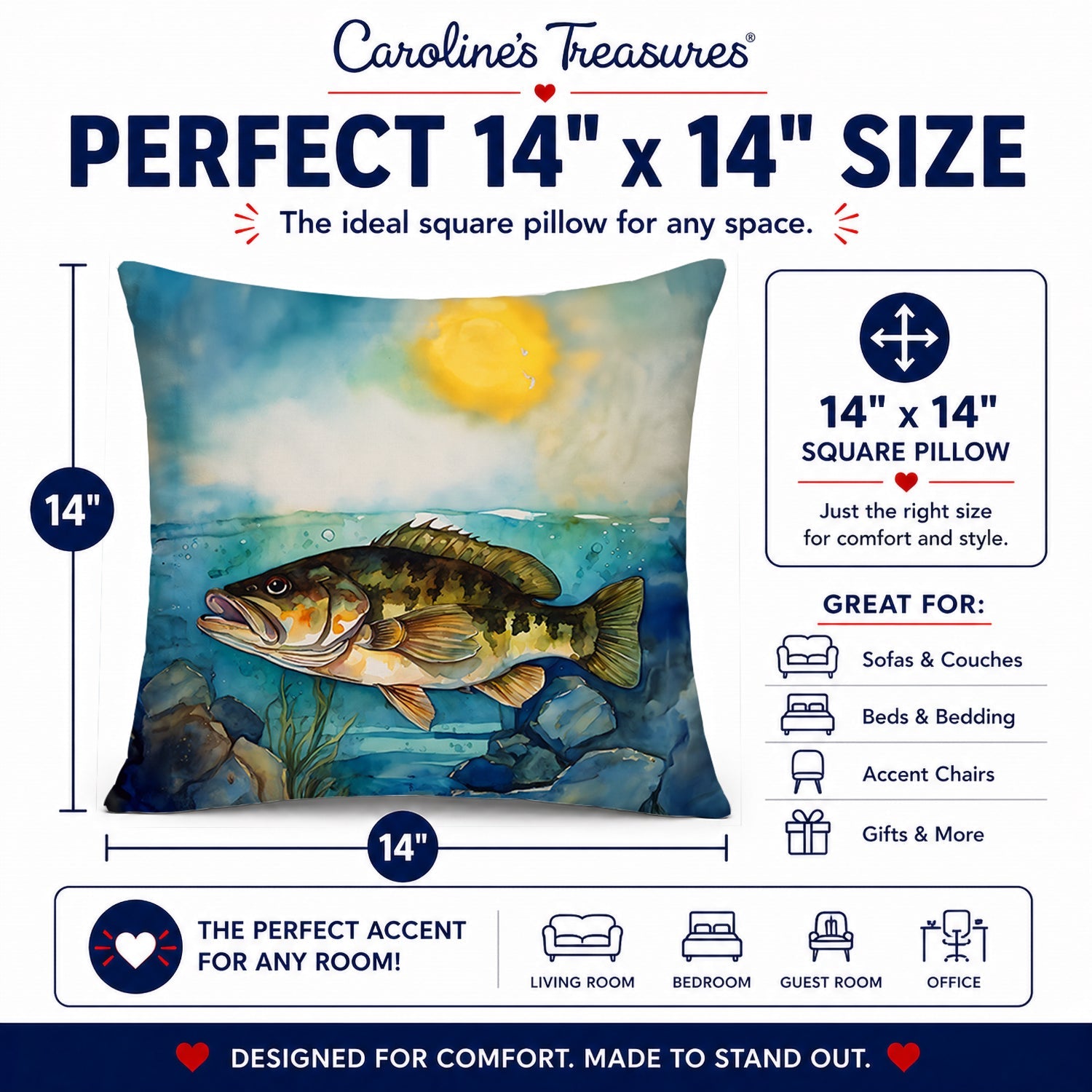 Smallmouth Bass Decorative Throw Pillow 14x14 Indoor Outdoor Accent Cushion, Fabric Cover with Insert for Sofa, Bed, Porch & Living Room