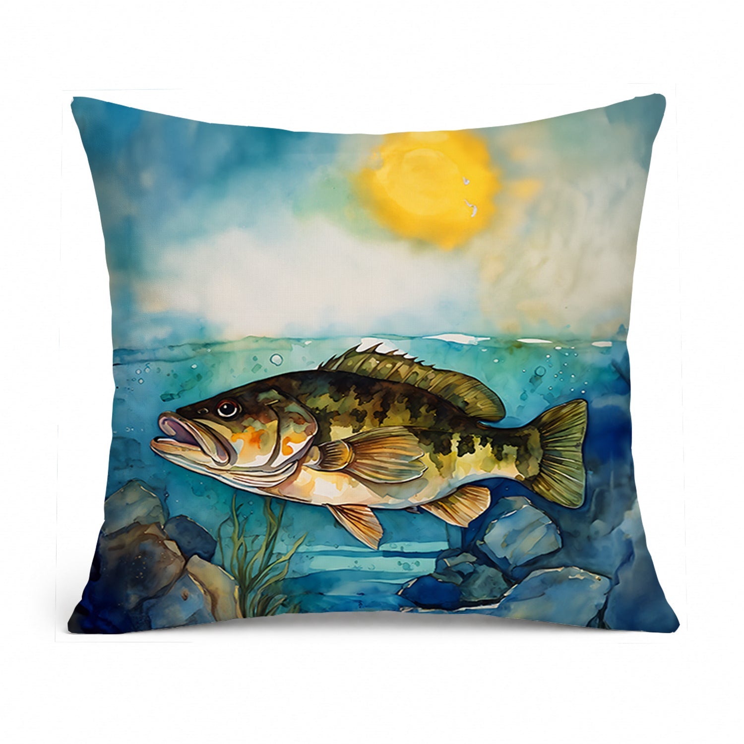 Smallmouth Bass Decorative Throw Pillow 14x14 Indoor Outdoor Accent Cushion, Fabric Cover with Insert for Sofa, Bed, Porch & Living Room