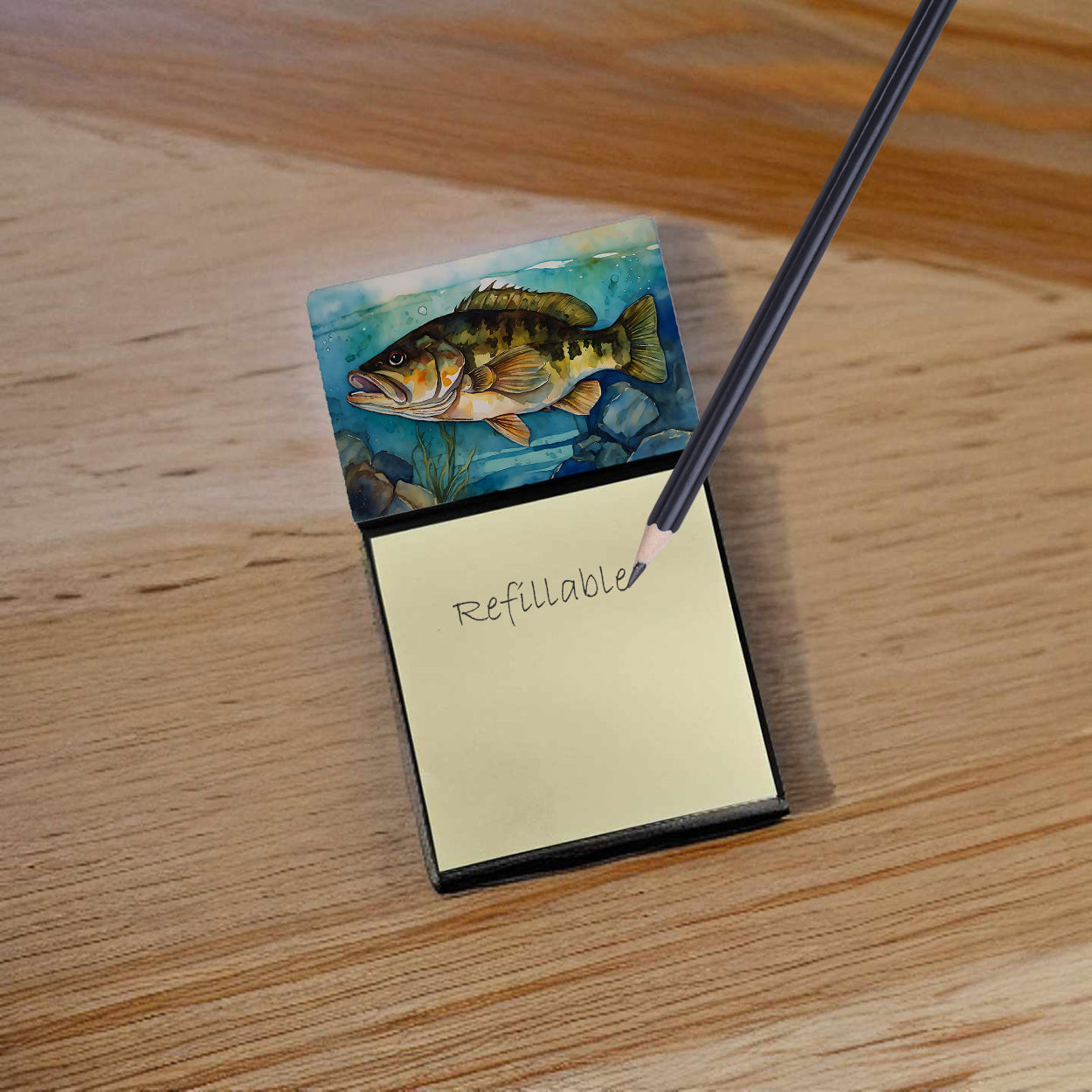 Smallmouth Bass Watercolor Sticky Note Holder Refillable Dispenser Desk Accessory 3x3 Pad Gift