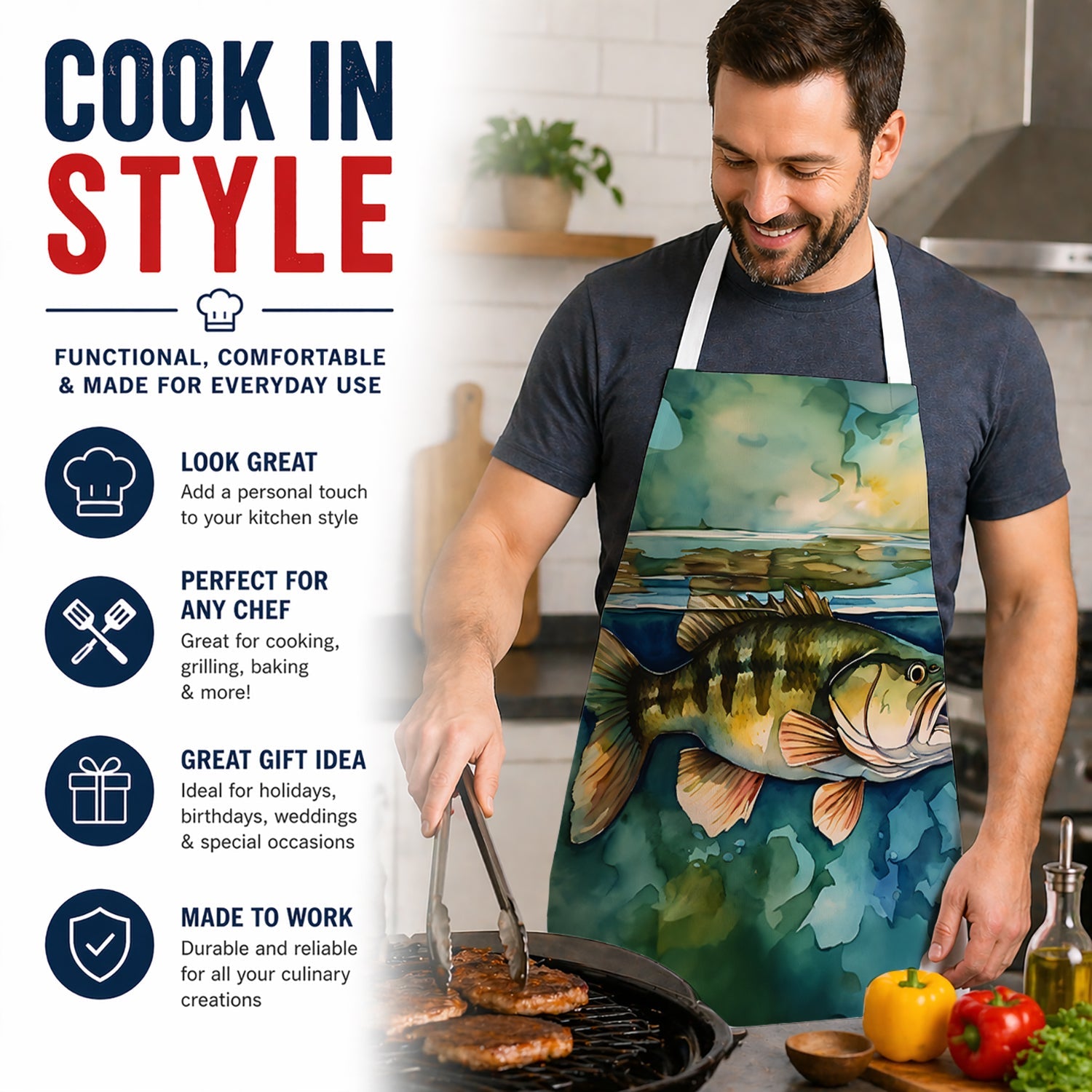 Smallmouth Bass Apron Cooking Kitchen Server Baking Crafts Gardening for Adult Women Men, Unisex, Large, Multicolor