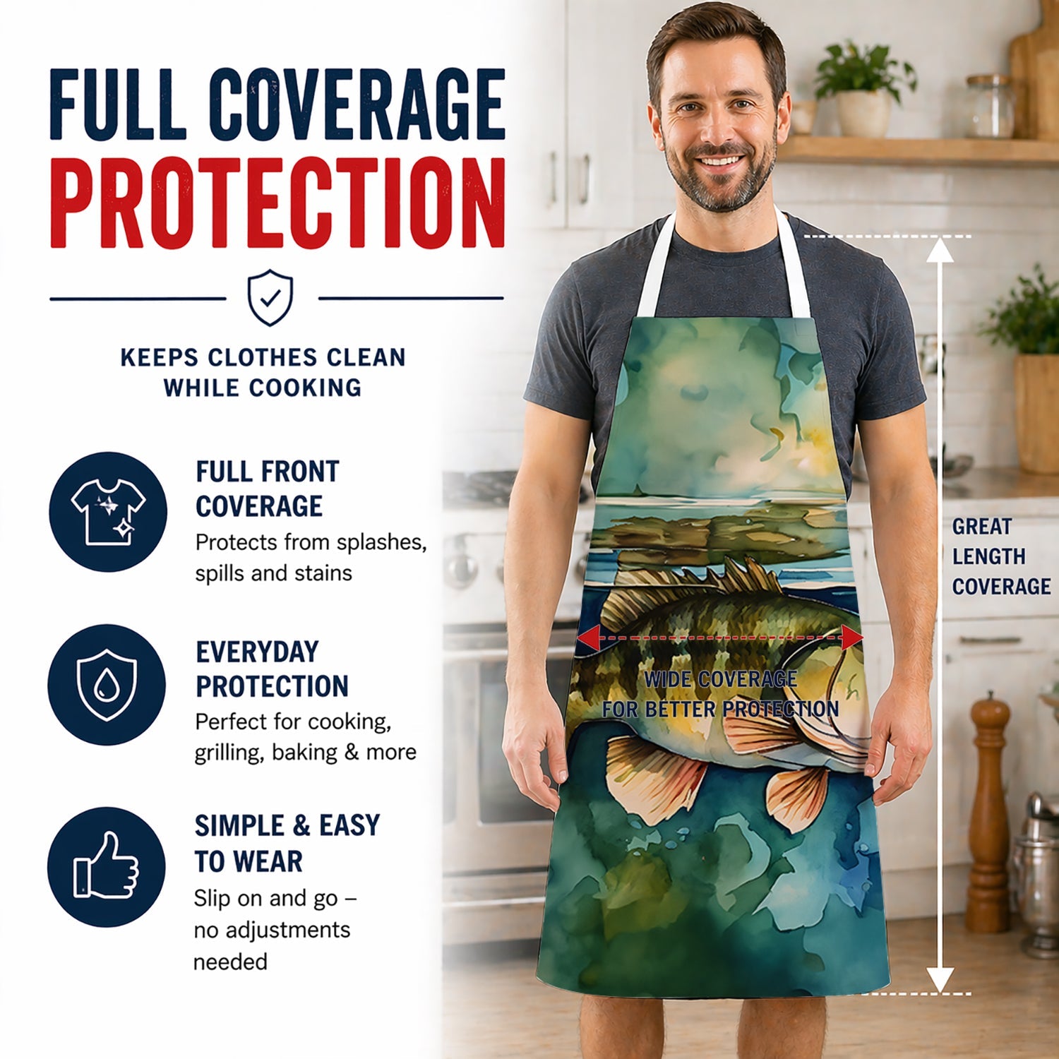 Smallmouth Bass Apron Cooking Kitchen Server Baking Crafts Gardening for Adult Women Men, Unisex, Large, Multicolor