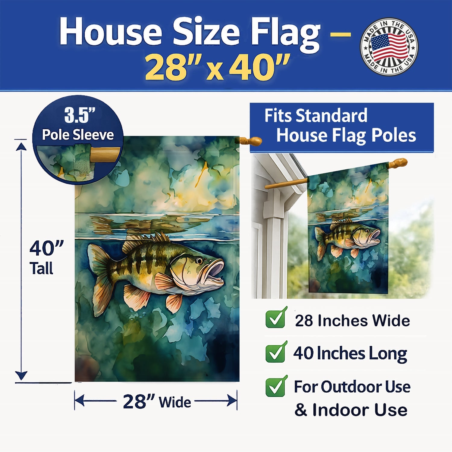 Smallmouth Bass House Flag 28x40 Porch Sleeve Pole Decorative Outside Yard Banner Artwork Wall Hanging, Polyester