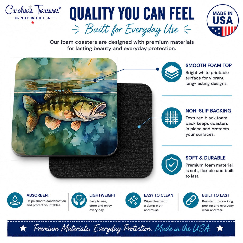Smallmouth Bass Foam Coasters Set of 4 Cup Coasters for Indoor Outdoor, Tabletop Protection, Anti Slip, Mouse pad Material