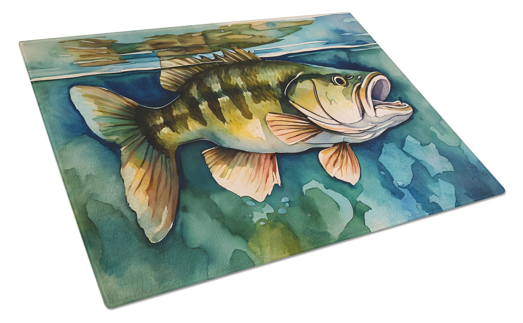 Smallmouth Bass Cutting Board Tempered Glass Kitchen Cutting Surface, Heat Resistant Chopping, Non-Slip Feet, Food Prep & Serving