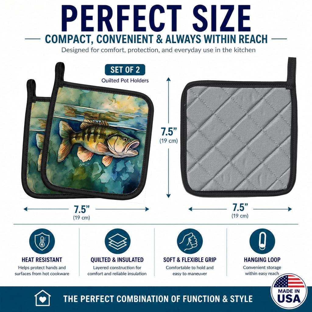 Smallmouth Bass Pot Holder Set of 2 Heat Resistant Quilted Hot Pads 7.5 x 7.5 Inch, Insulated Kitchen Trivets for Cooking & Baking