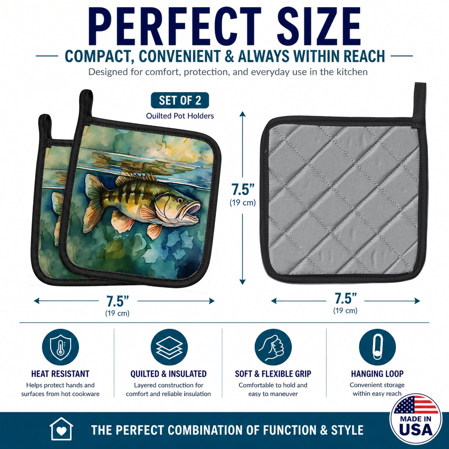 Smallmouth Bass Pot Holder Set of 2 Heat Resistant Quilted Hot Pads 7.5 x 7.5 Inch, Insulated Kitchen Trivets for Cooking & Baking