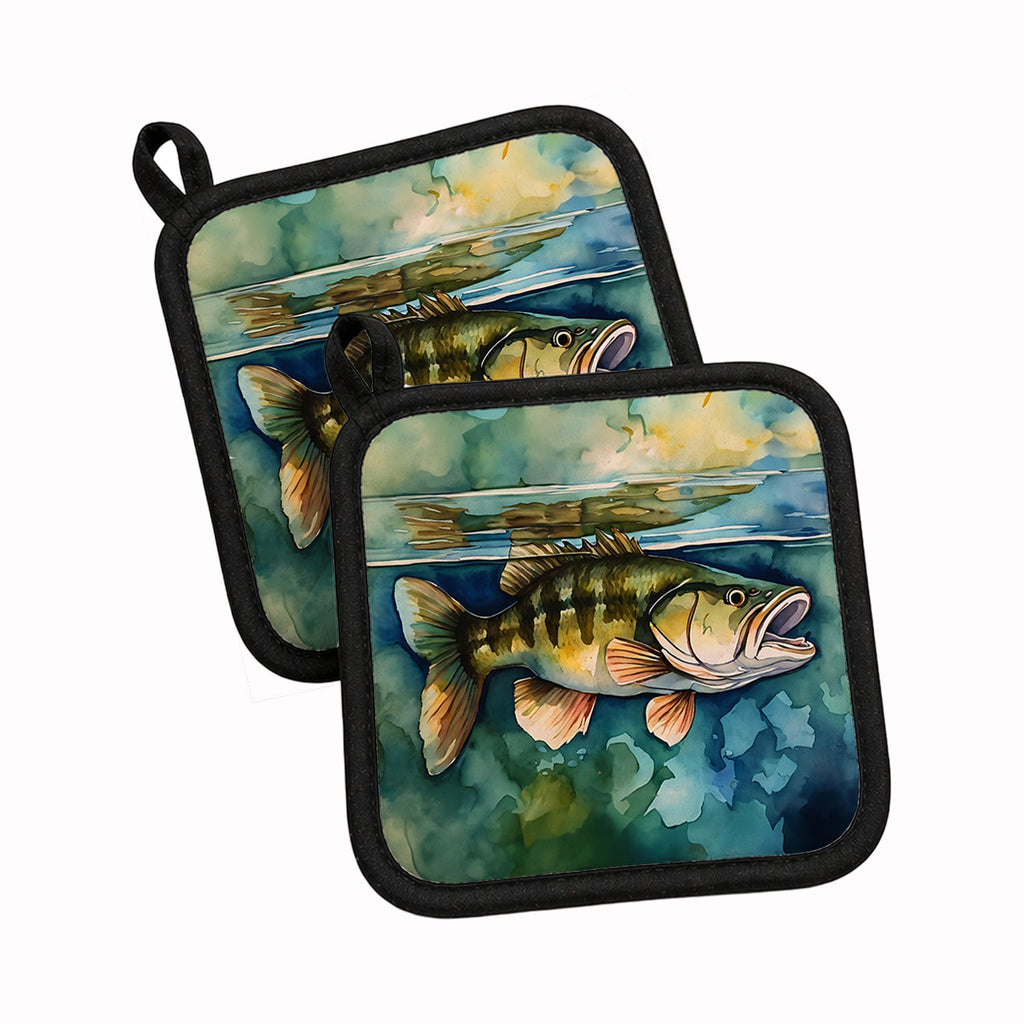 Smallmouth Bass Pot Holder Set of 2 Heat Resistant Quilted Hot Pads 7.5 x 7.5 Inch, Insulated Kitchen Trivets for Cooking & Baking