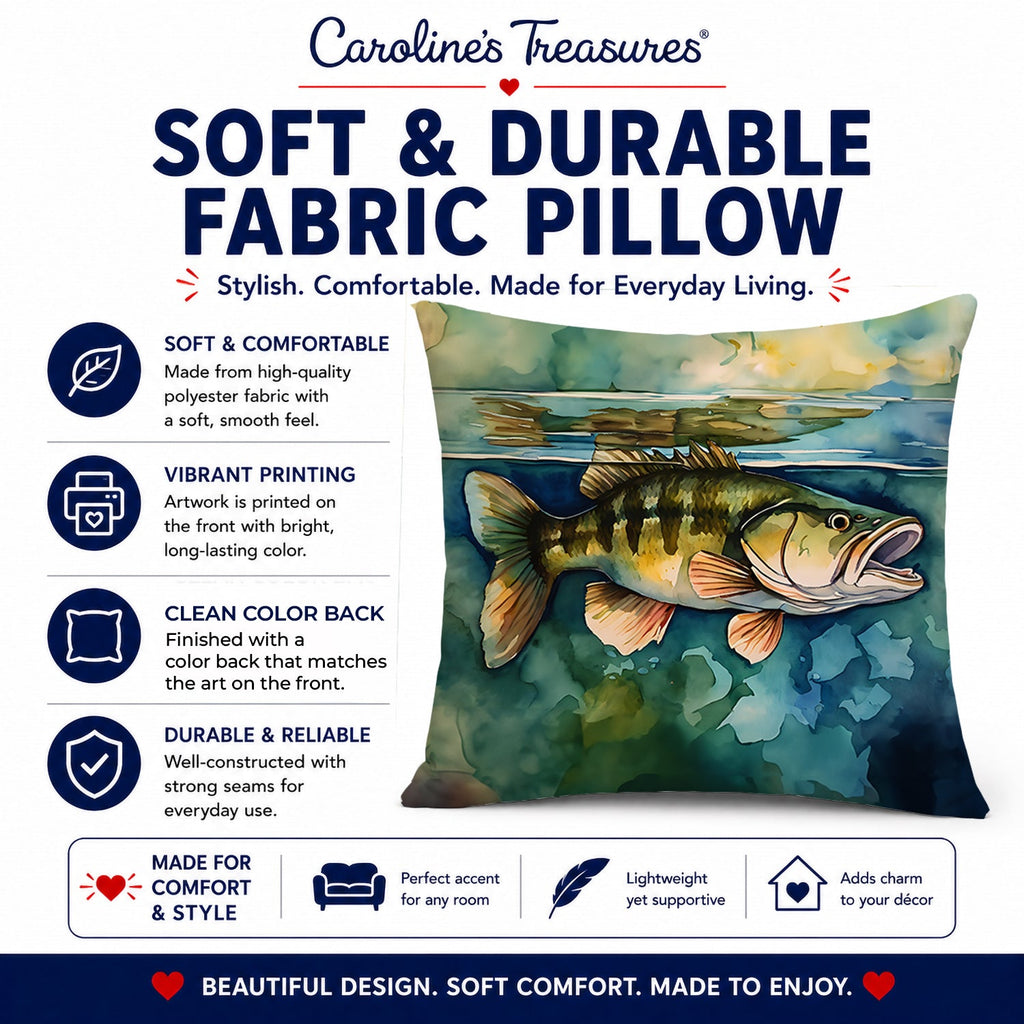 Smallmouth Bass Decorative Throw Pillow 14x14 Indoor Outdoor Accent Cushion, Fabric Cover with Insert for Sofa, Bed, Porch & Living Room