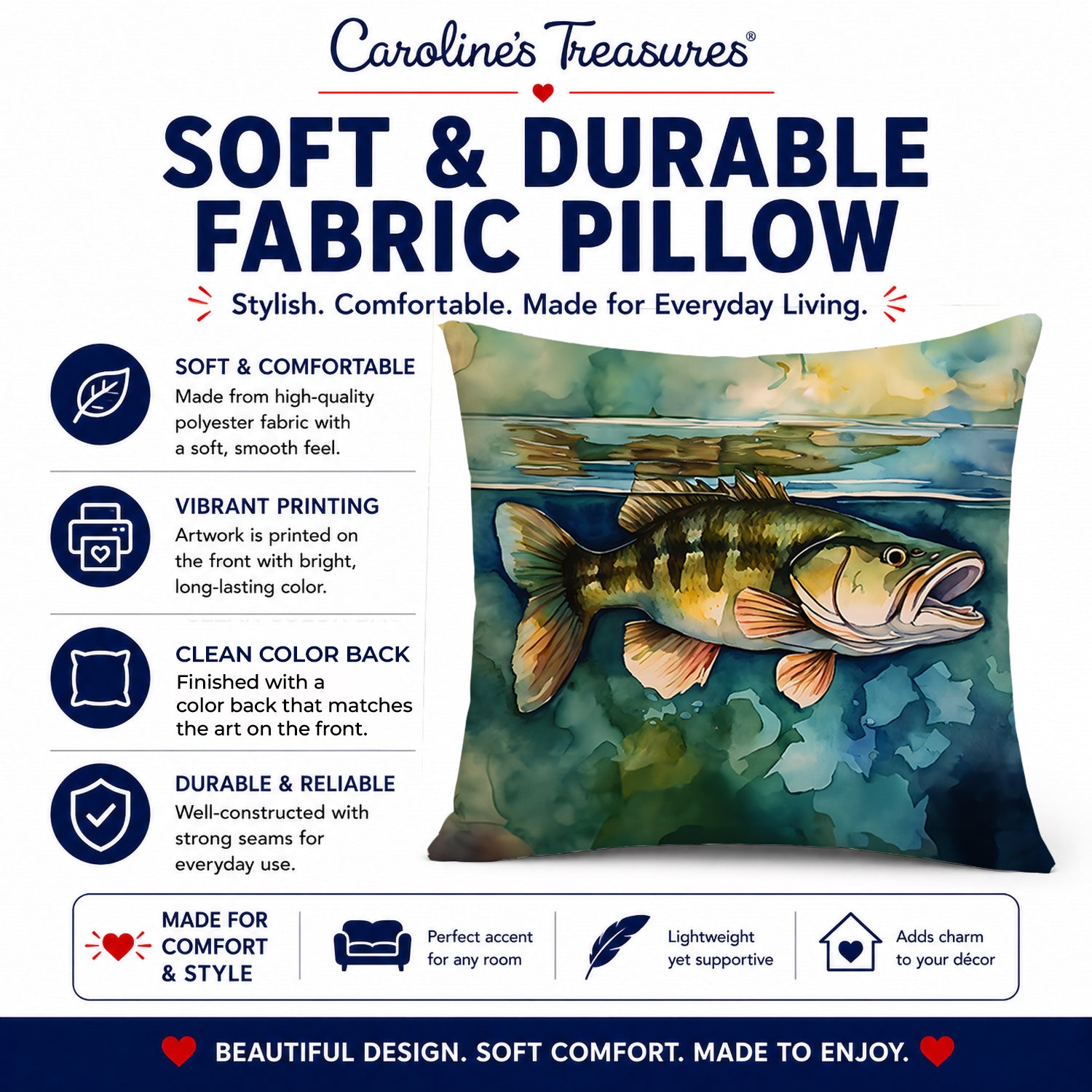 Smallmouth Bass Decorative Throw Pillow 14x14 Indoor Outdoor Accent Cushion, Fabric Cover with Insert for Sofa, Bed, Porch & Living Room