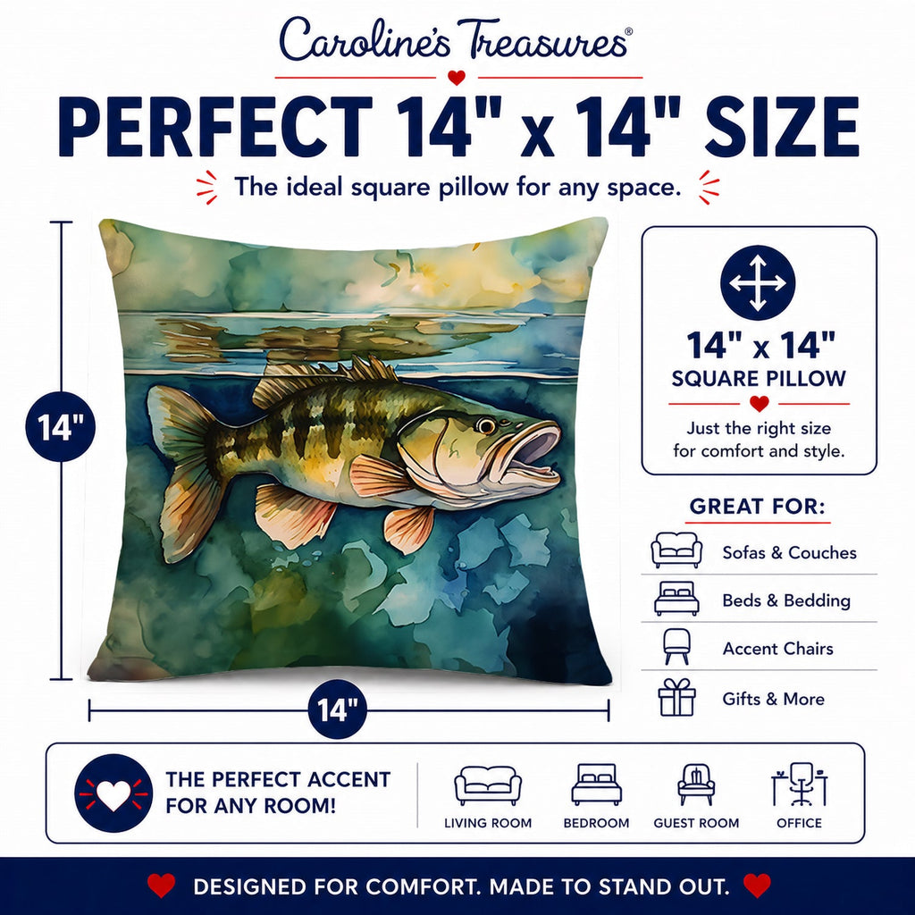 Smallmouth Bass Decorative Throw Pillow 14x14 Indoor Outdoor Accent Cushion, Fabric Cover with Insert for Sofa, Bed, Porch & Living Room