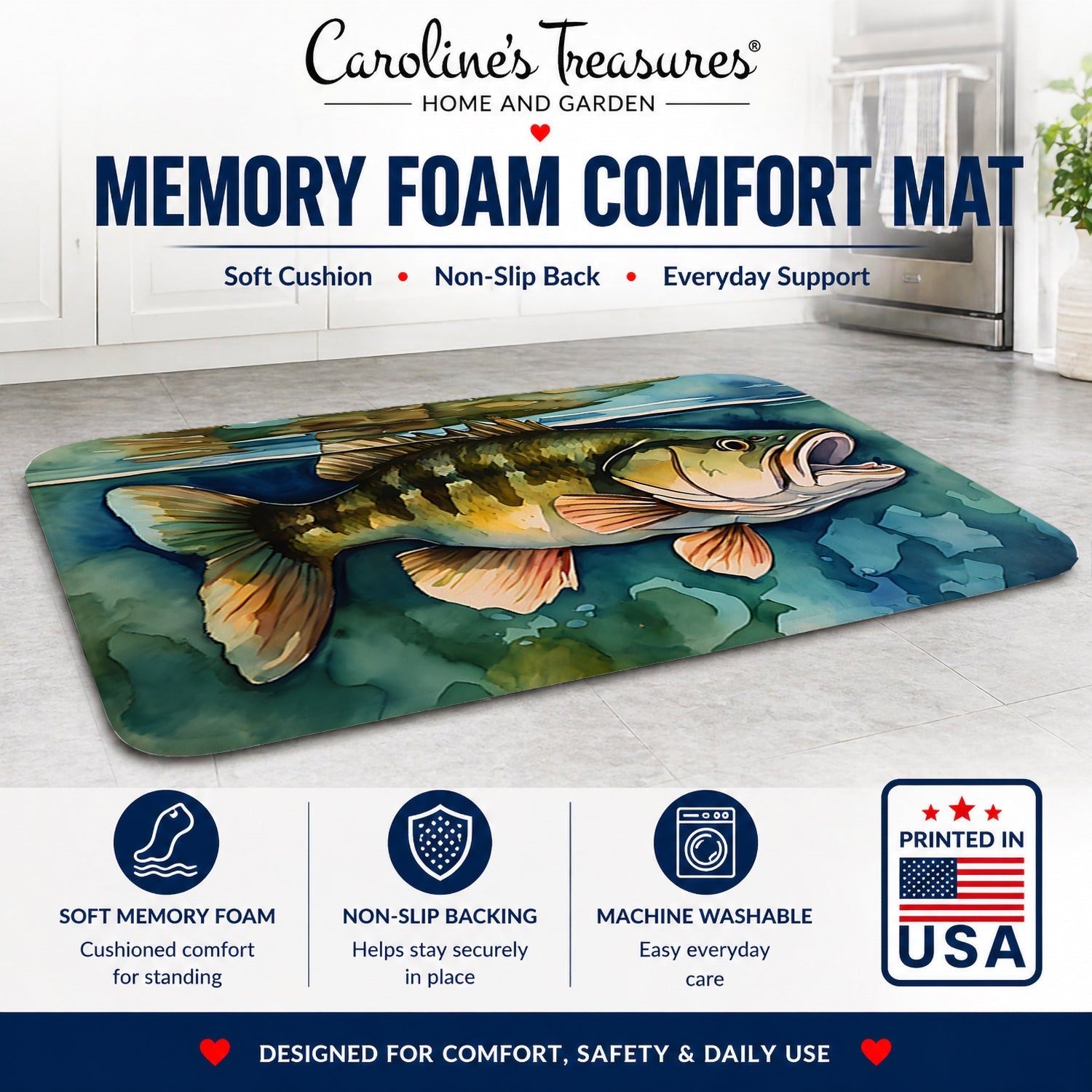Smallmouth Bass Memory Foam Kitchen Mat Machine Washable Anti-Fatigue Cushion Comfort Bath or Kitchen Rug