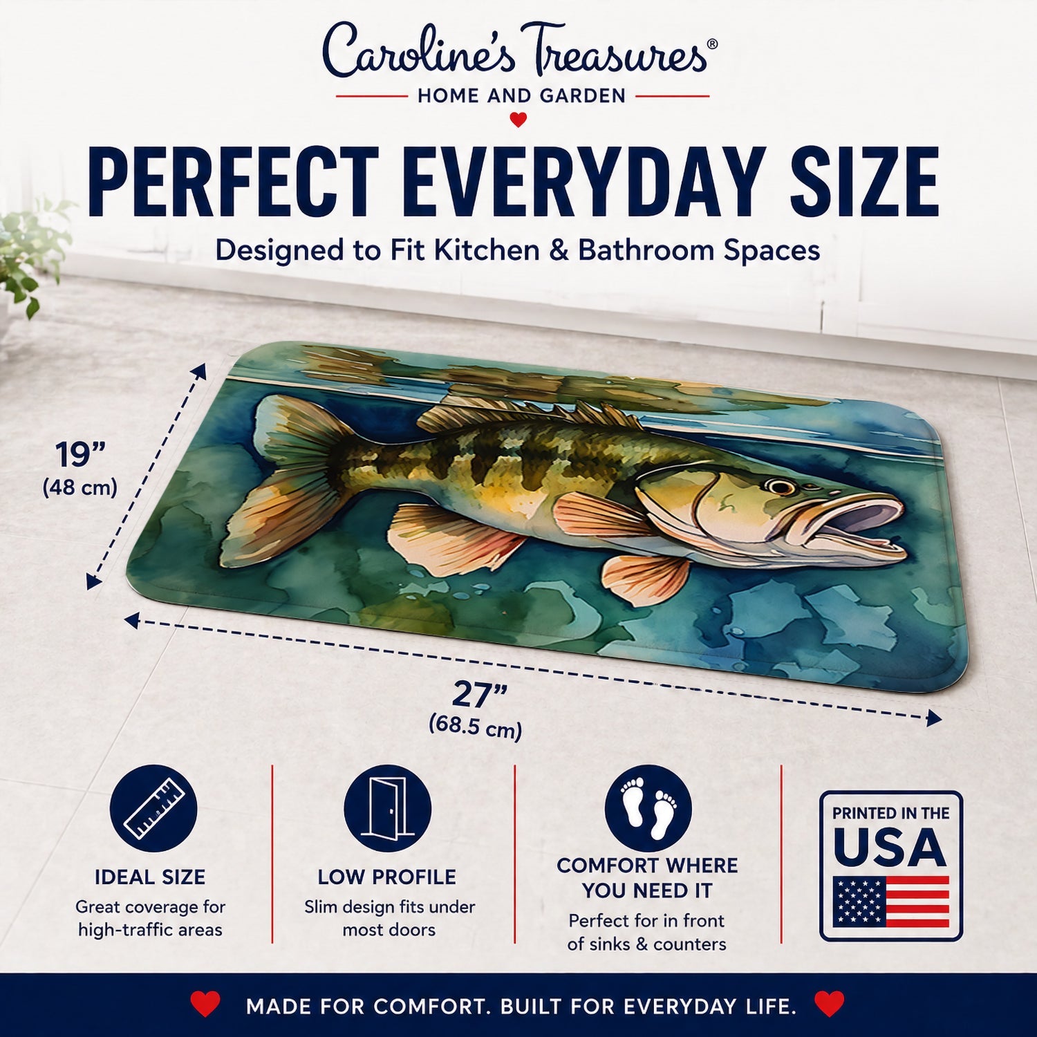 Smallmouth Bass Memory Foam Kitchen Mat Machine Washable Anti-Fatigue Cushion Comfort Bath or Kitchen Rug