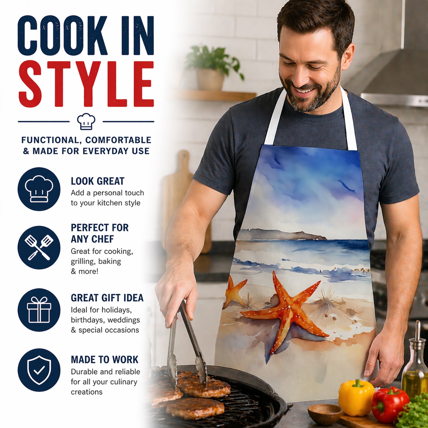 Starfish Apron Cooking Kitchen Server Baking Crafts Gardening for Adult Women Men, Unisex, Large, Multicolor