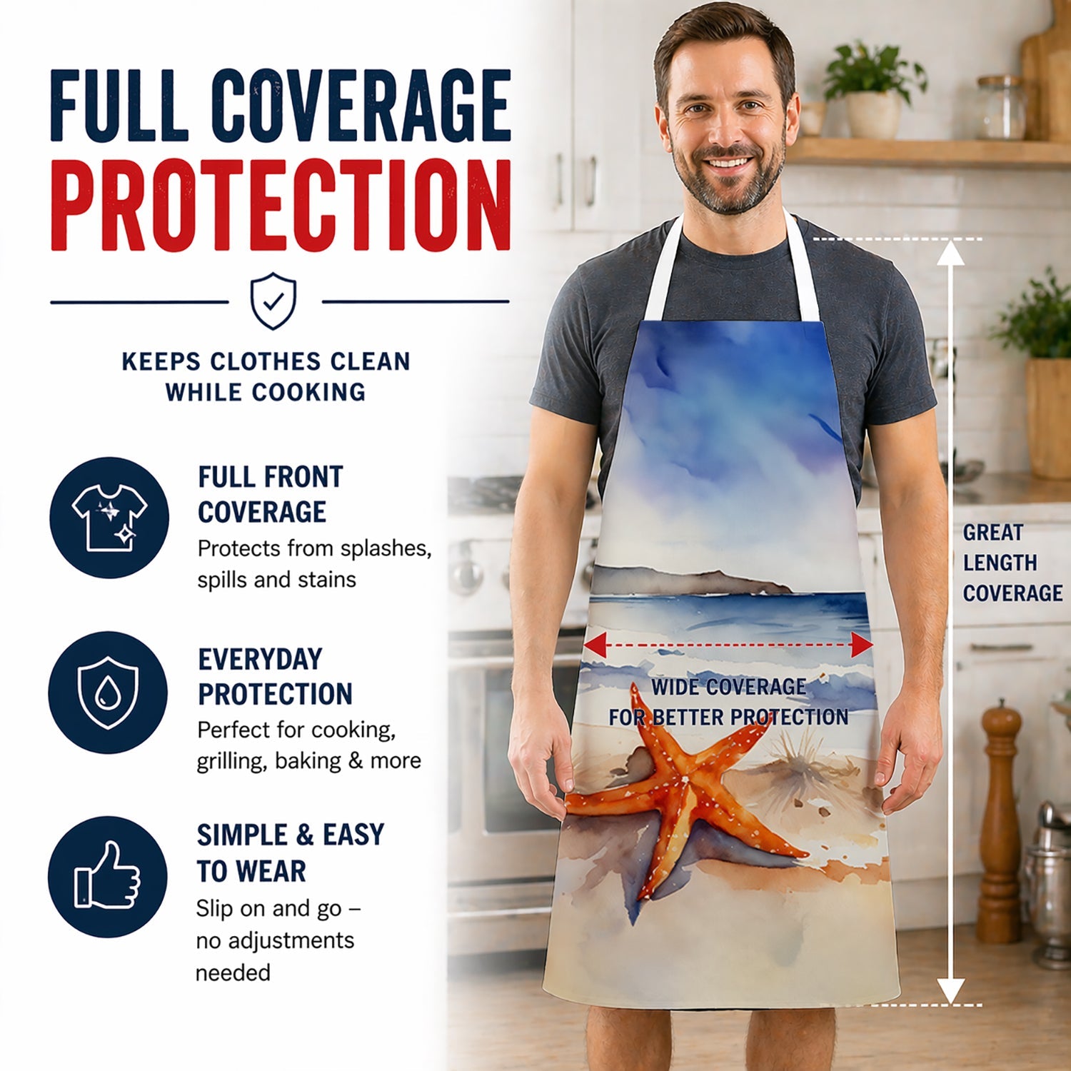Starfish Apron Cooking Kitchen Server Baking Crafts Gardening for Adult Women Men, Unisex, Large, Multicolor