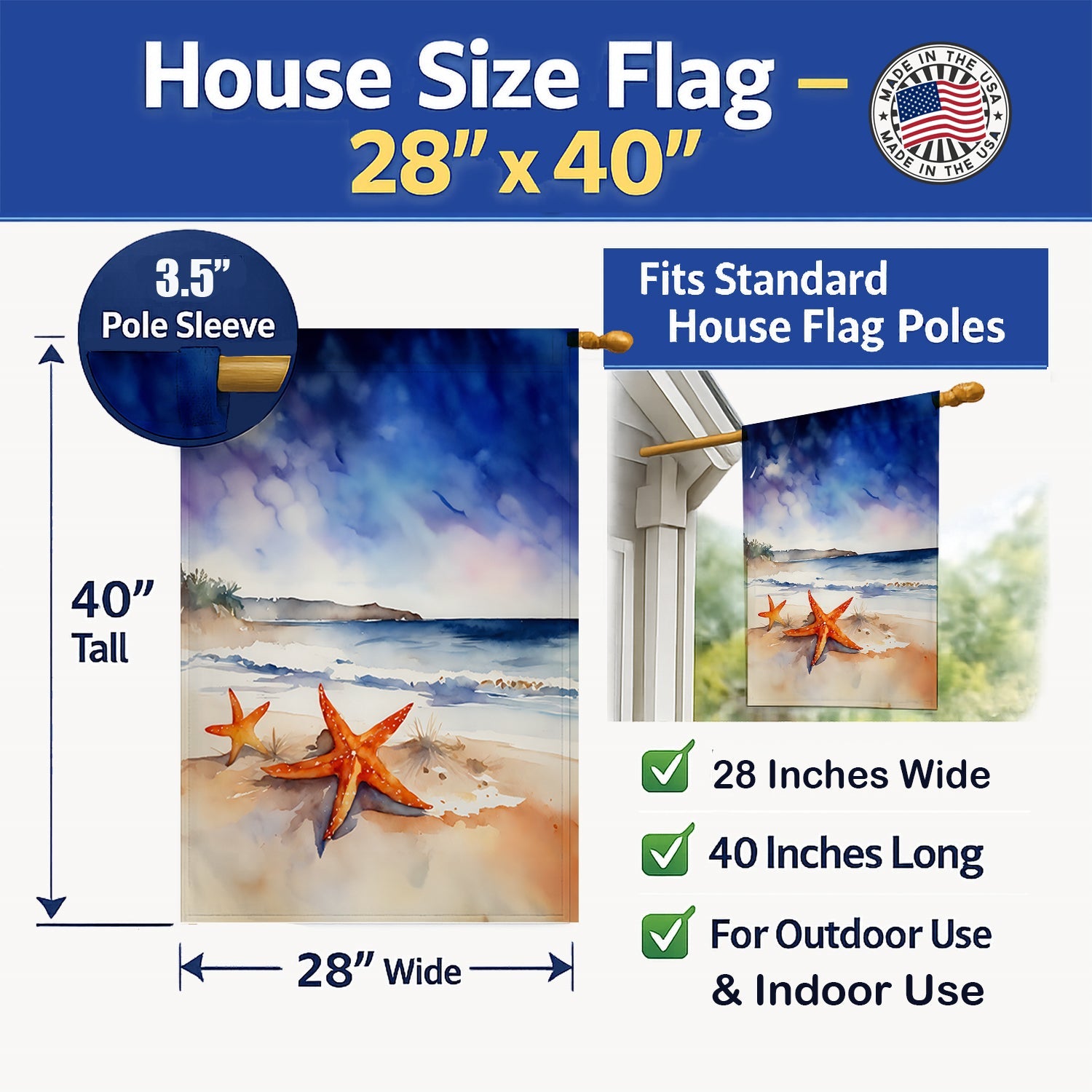 Starfish House Flag 28x40 Porch Sleeve Pole Decorative Outside Yard Banner Artwork Wall Hanging, Polyester
