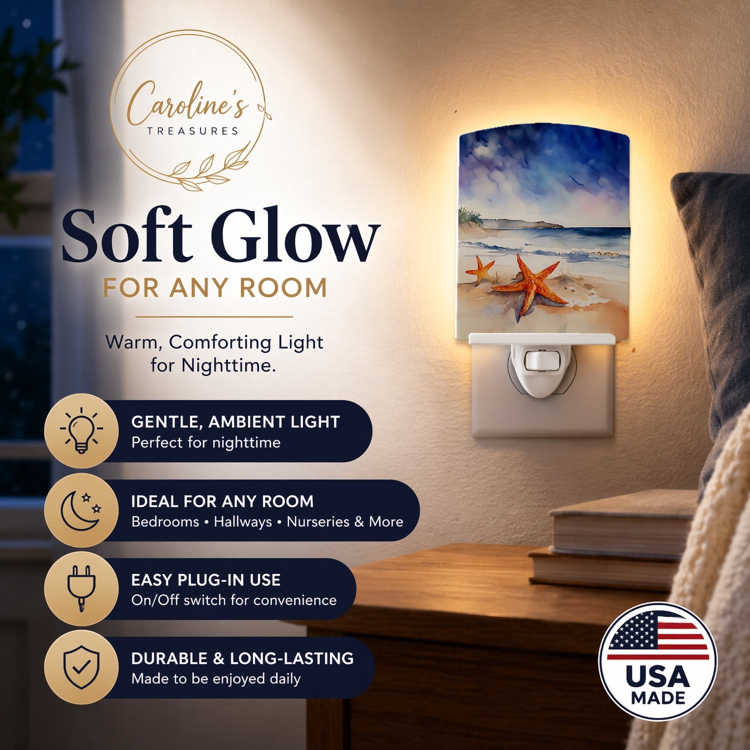 Starfish Ceramic Night Light Compact, UL-Certified, Ideal for Bedroom, Bathroom, Nursery, Hallway, Kitchen, 6x4x3, Multicolor