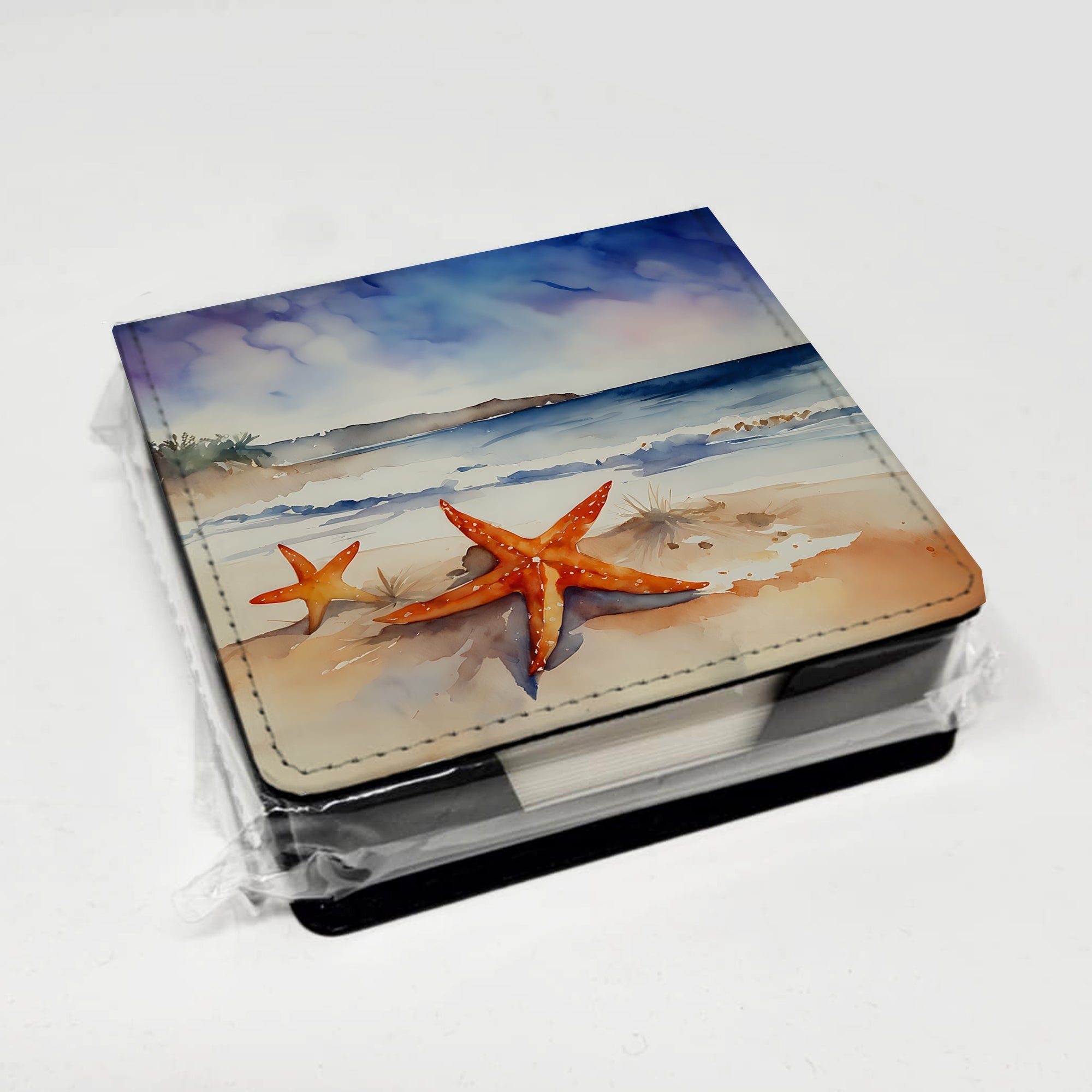 Starfish PU Leather Note Paper Holder with Artist-Designed Cover, Desk Accessory, Office Gift